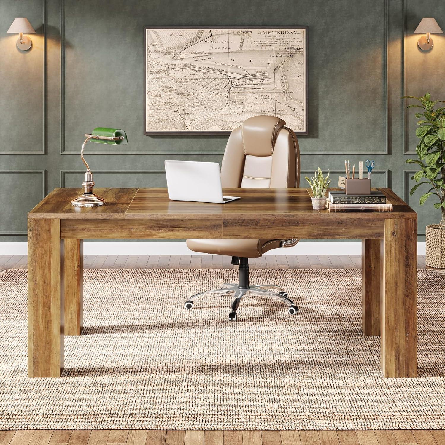Tribesigns 63-Inch Executive Computer Desk, Industrial Writing Table with Solid Wooden Base for Home Office, Brown