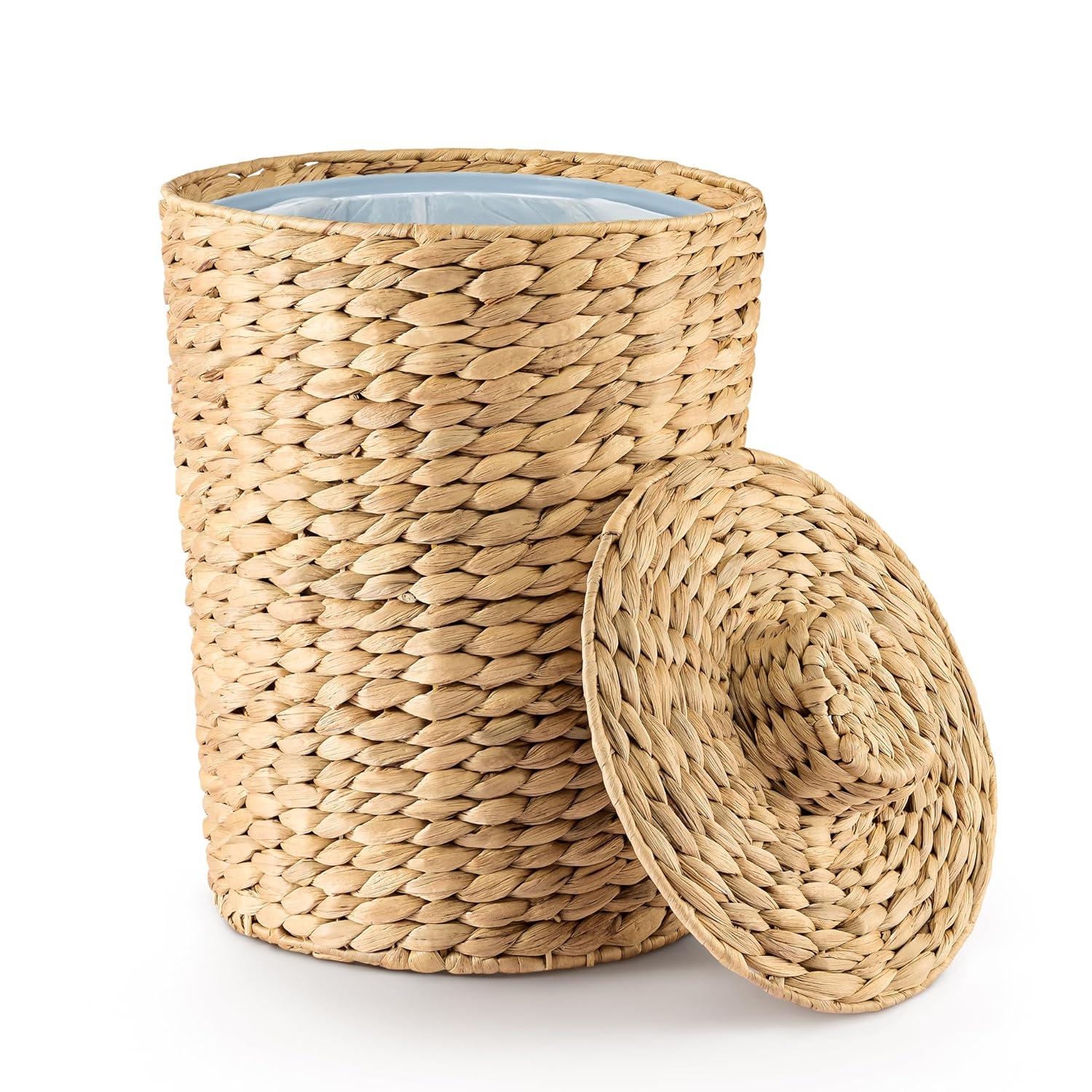 Large Round Water Hyacinth Wicker Waste Basket with Lid