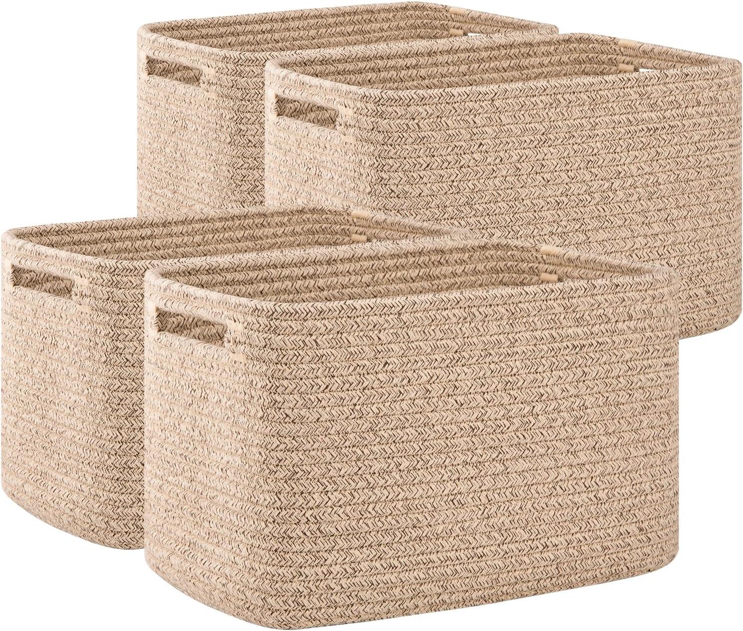 Set of 4 Beige Cotton Rope Rectangular Storage Baskets