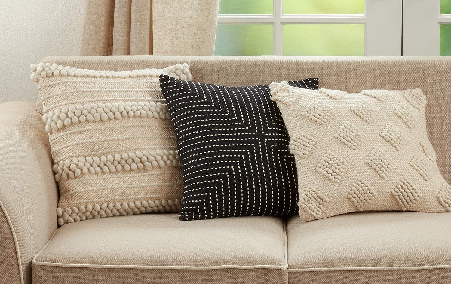 18"x18" Striped Design with Pom-Poms Square Throw Pillow Cover Ivory - Saro Lifestyle: Bohemian Hand Wash Zipper Closure