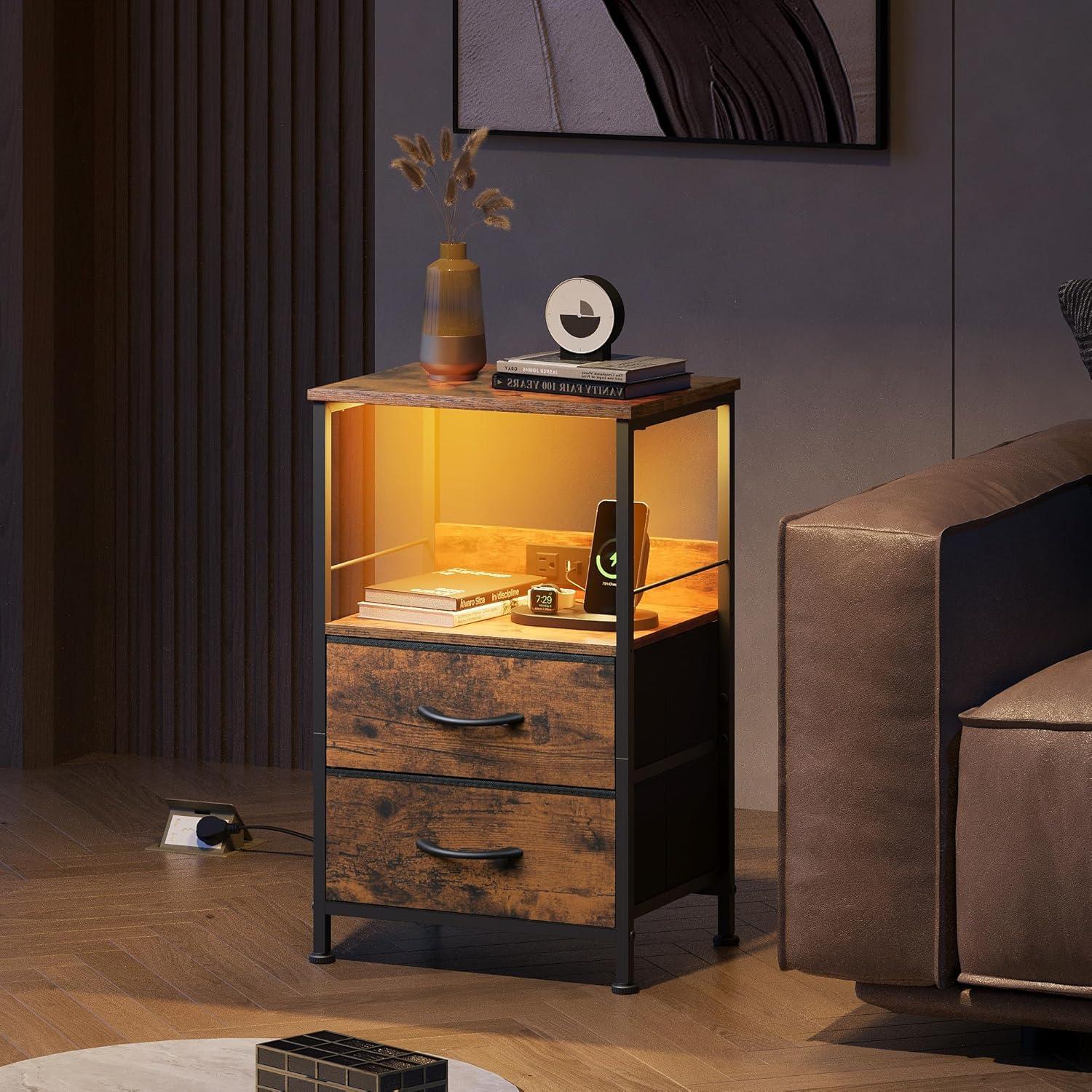 WLIVE Night Stand Set of 2 with Charging Station, LED Nightstand Sets with 2 Fabric Drawers and Storage Shelf, Small Bedside Tables for Small Spaces, Dresser for Bedroom, Rustic Brown