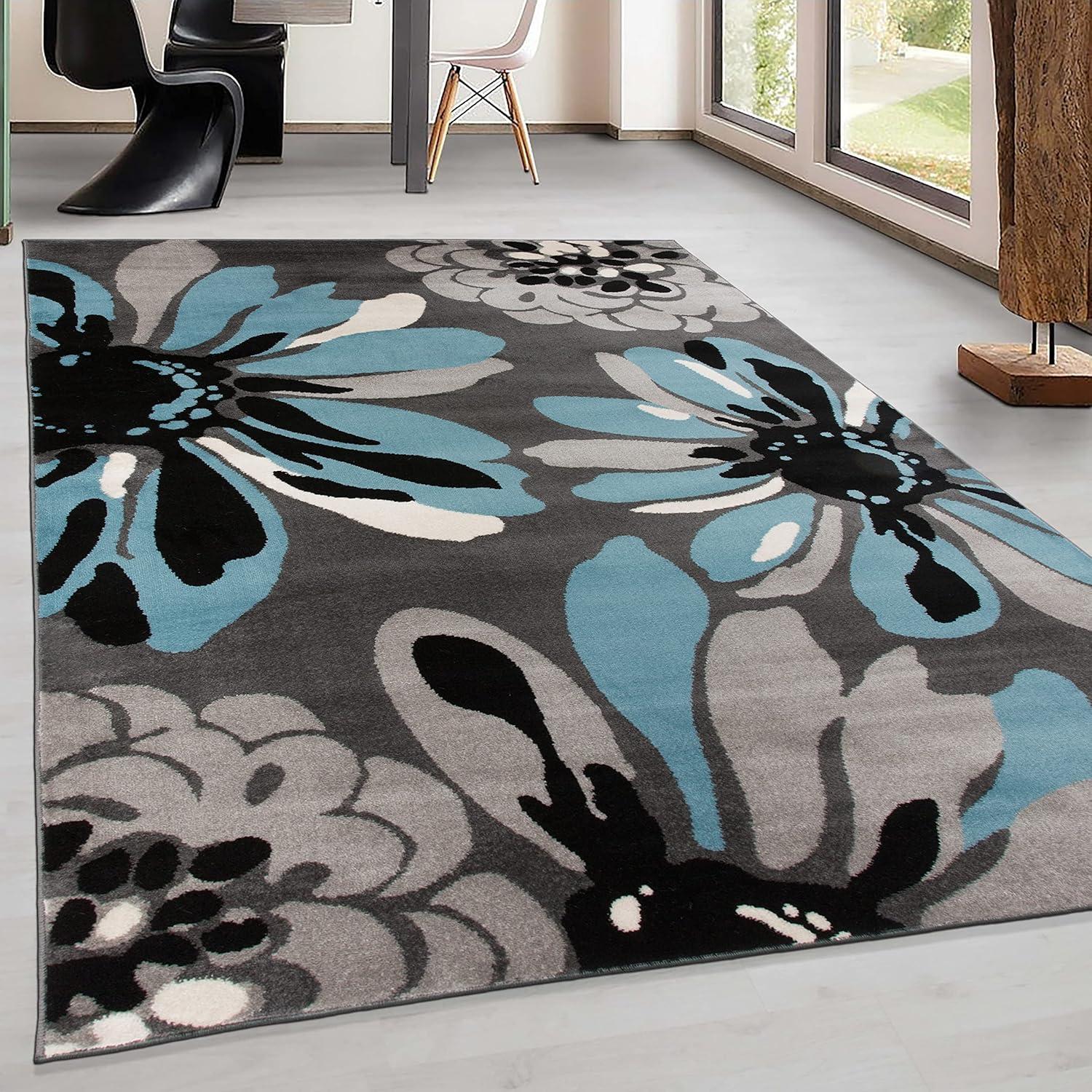 World Rug Gallery Contemporary Modern Flowers Area Rug - Blue 3'3" x 5': Stain-Resistant, Low Pile, Floral Pattern