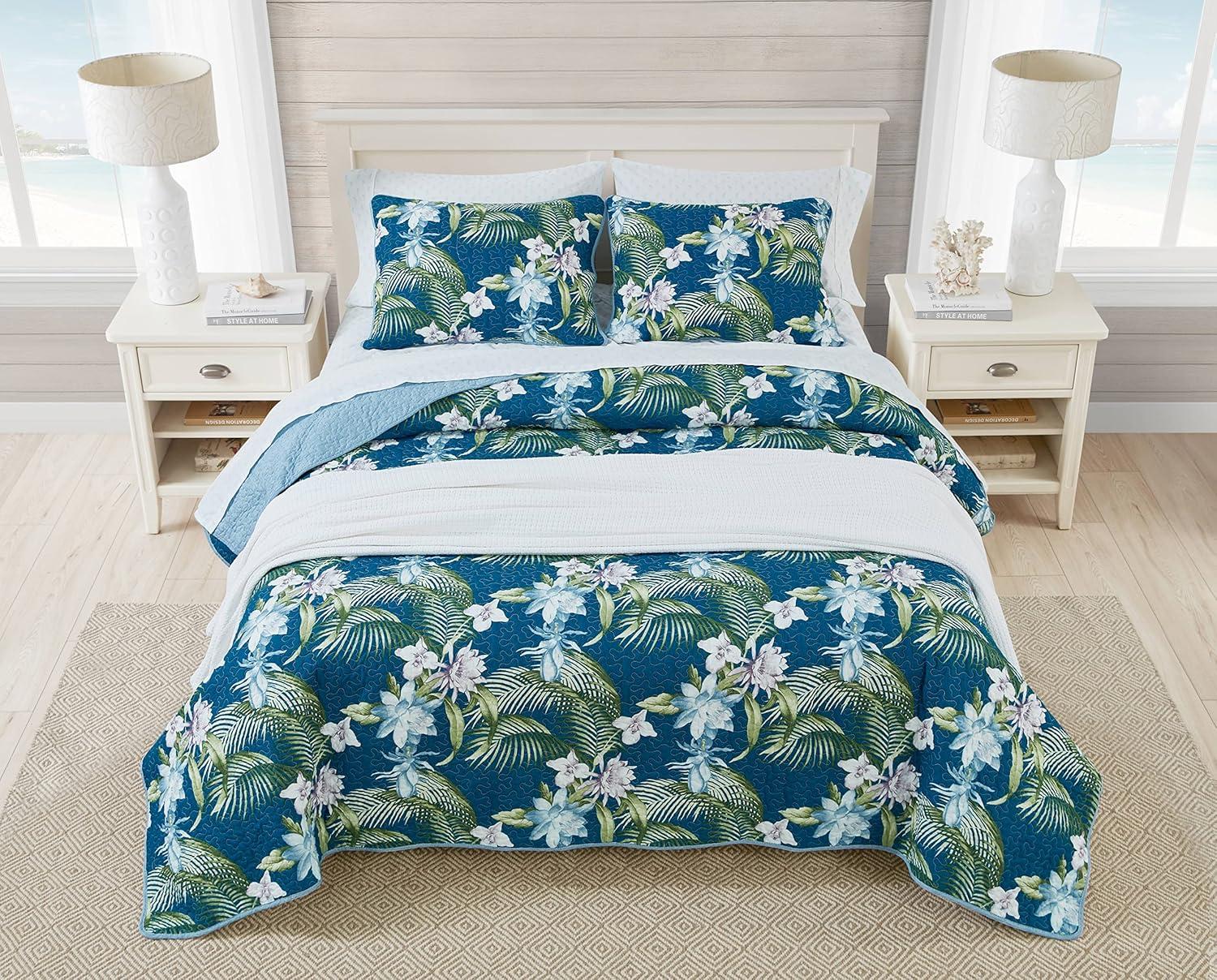 Tommy Bahama Southern Breeze Blue Cotton Reversible Quilt Set