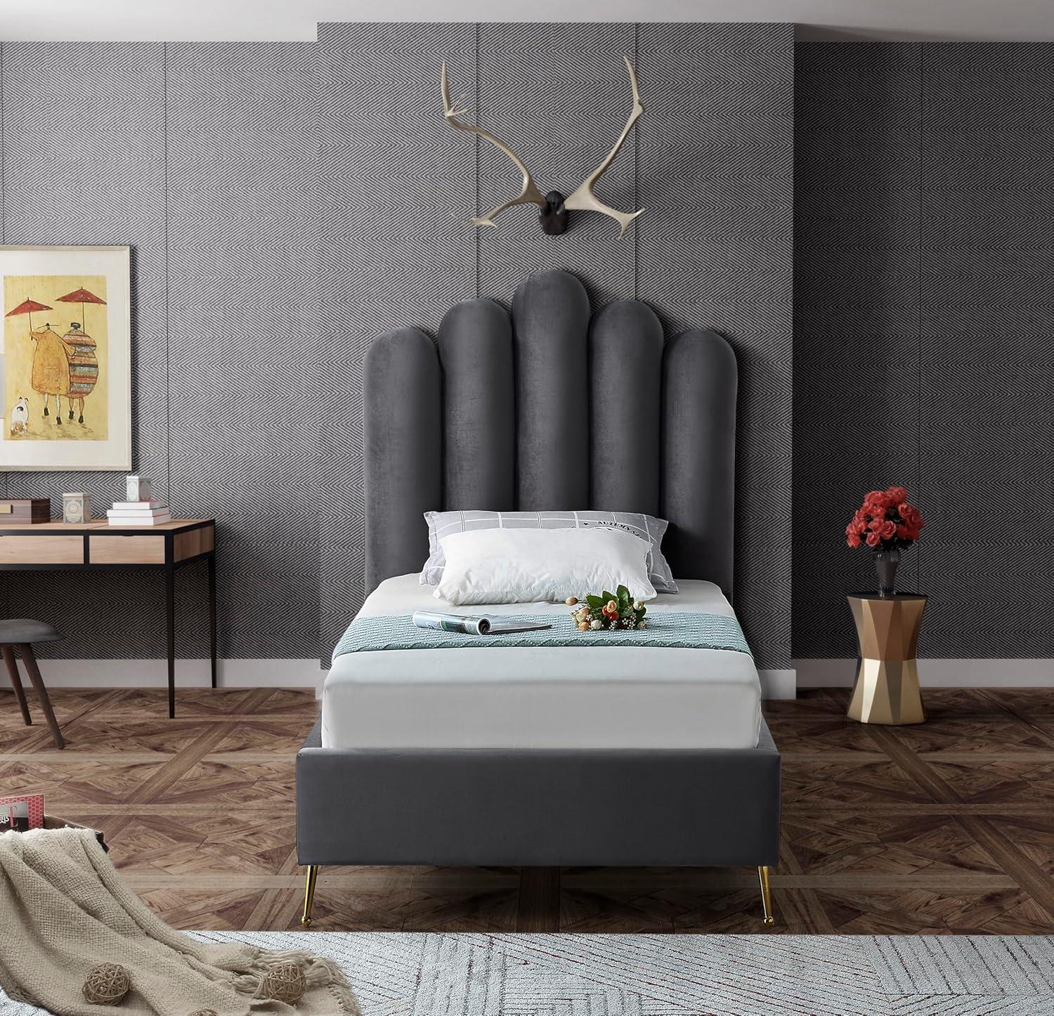 Meridian Furniture Contemporary Velvet Upholstered Platform Bed with Sturdy Gold Steel Legs and Deep Channel Tufted Headboard