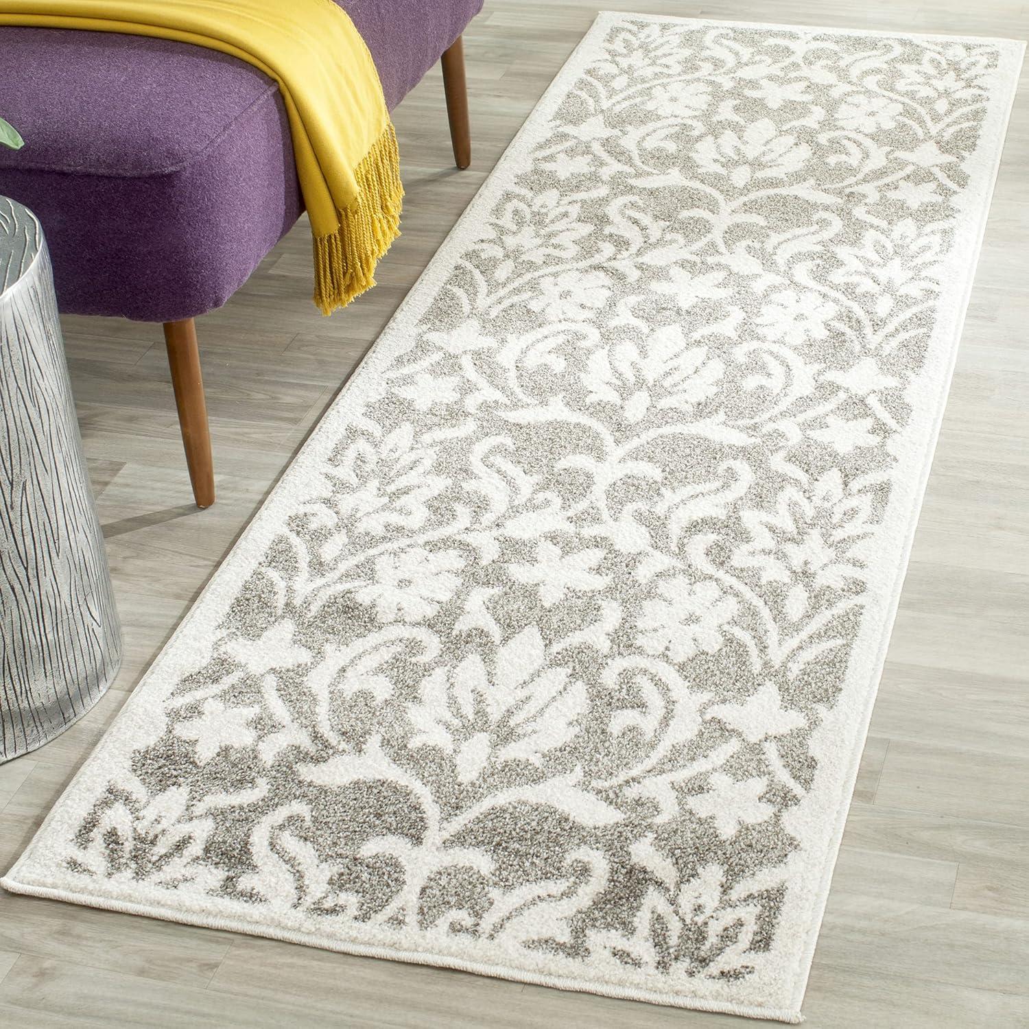 Reversible Dark Grey Floral Synthetic 27" x 9" Easy-Care Runner Rug