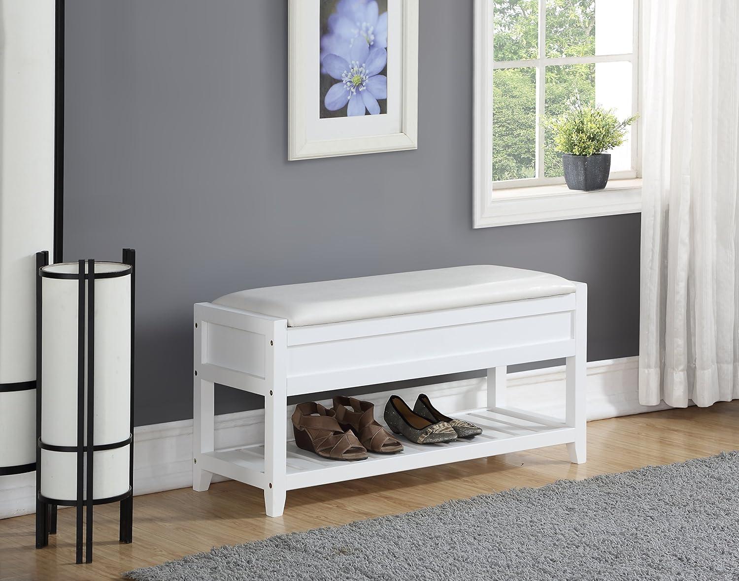 Roundhill Furniture Rouen Seating Bench with Shoe Storage, Clean White