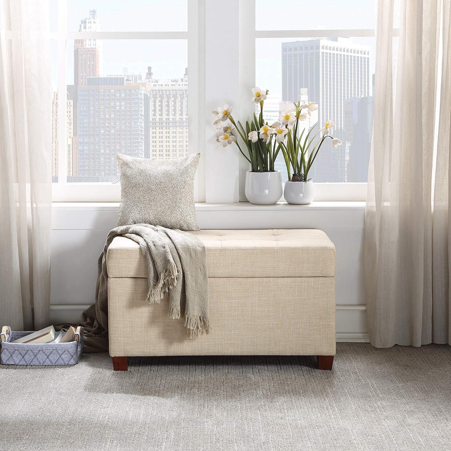 Cream Tufted Fabric Storage Ottoman with Wood Legs