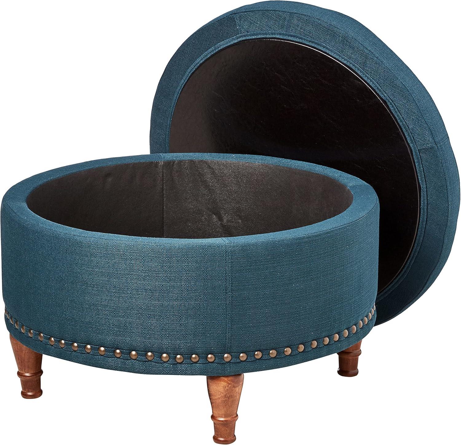 OSP Home Furnishings Alloway Storage Ottoman in Azure Fabric with Antique Bronze Nailheads