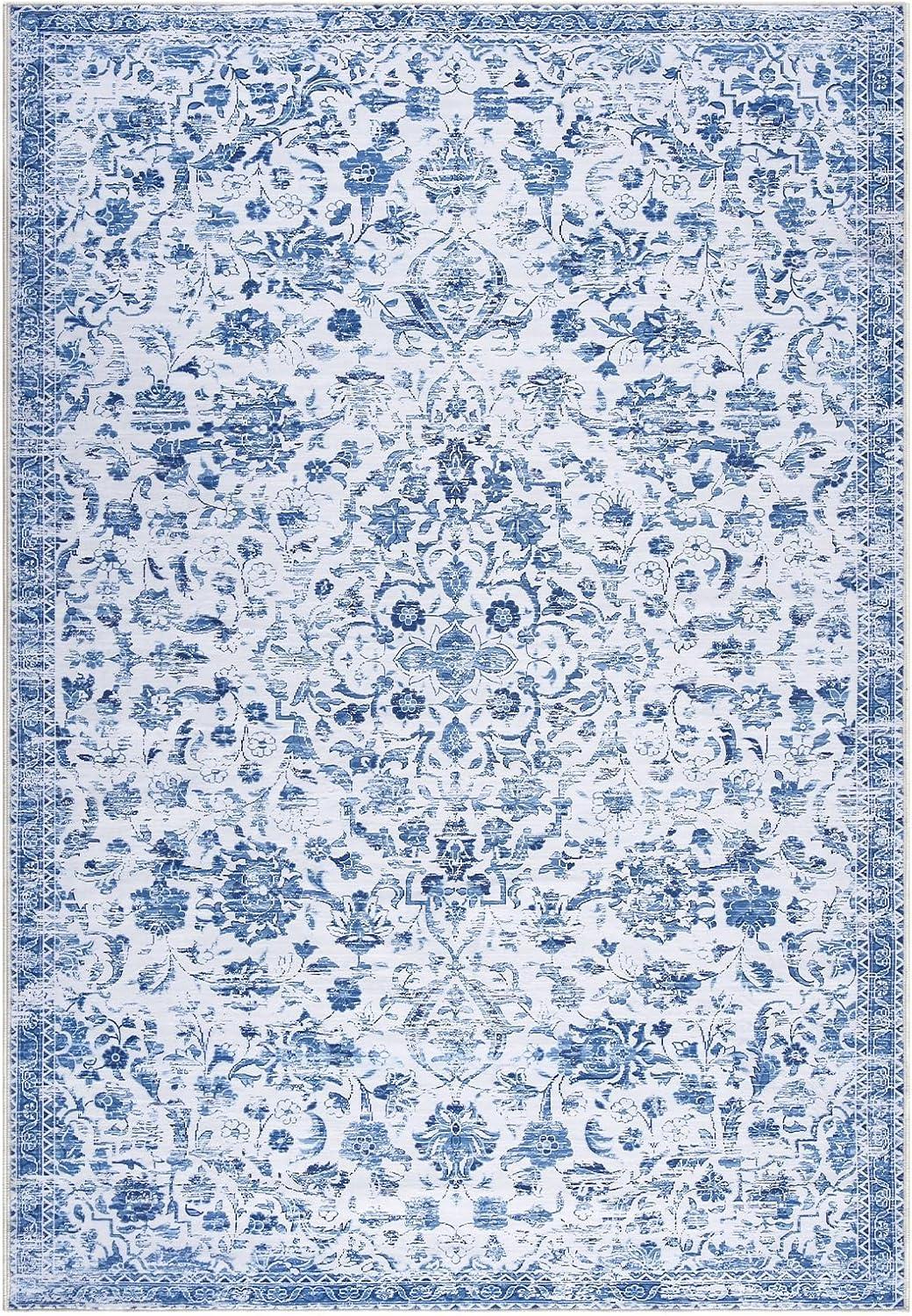 Hasoo Vintage Floral Area Rug 4' x 6' Blue Multi Flodable Floral Print Distressed Non Slip Indoor Rug for Living Room Bathroom Kitchen Bedroom