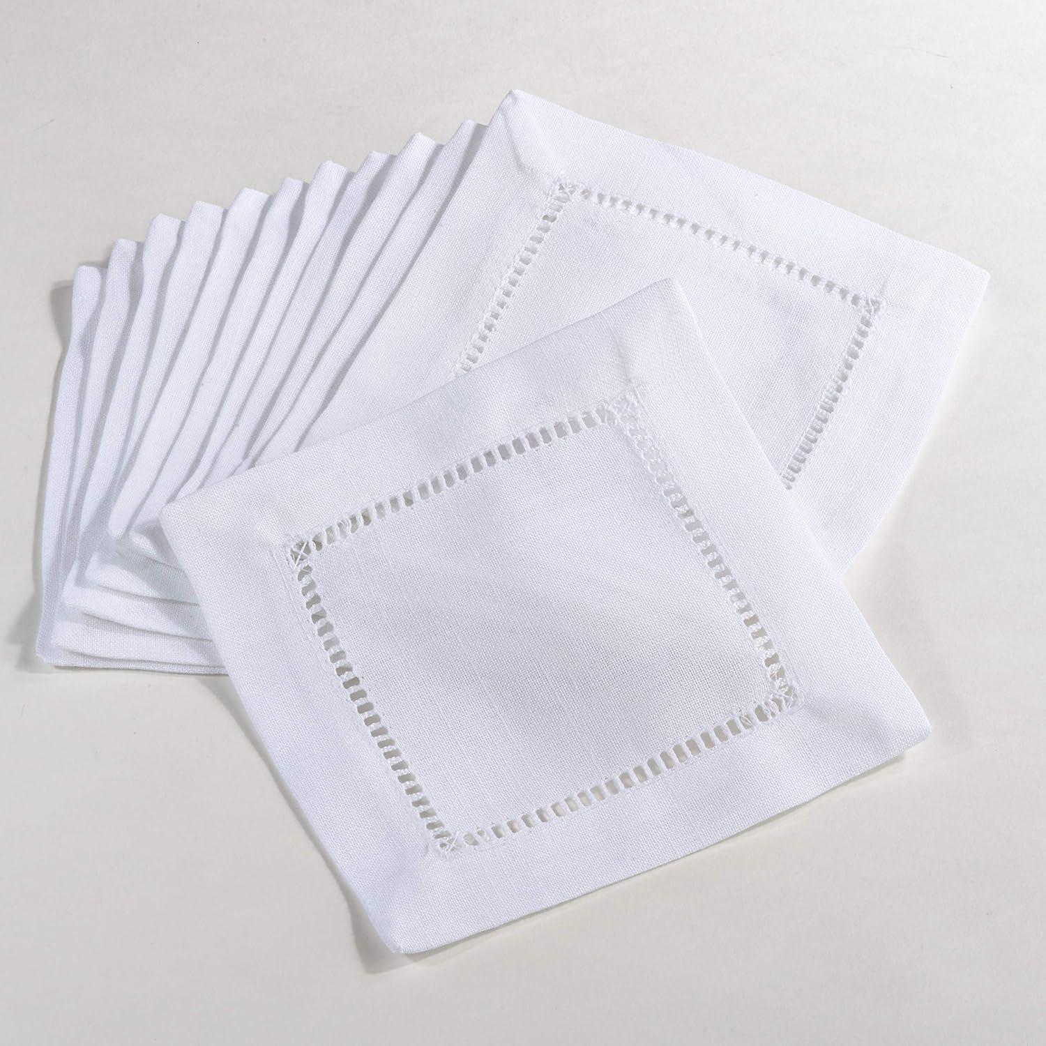 Saro Lifestyle Cocktail Napkin With Hemstitch Border Design (Set of 12), 6"x6", White
