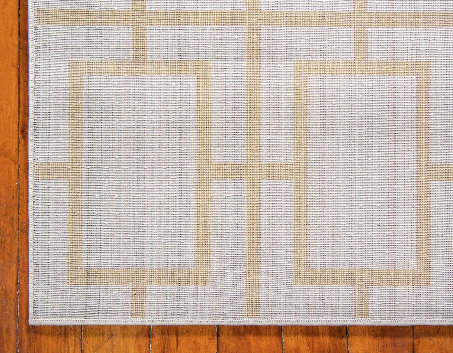 Rectangular White and Gold Geometric Stain-Resistant Area Rug