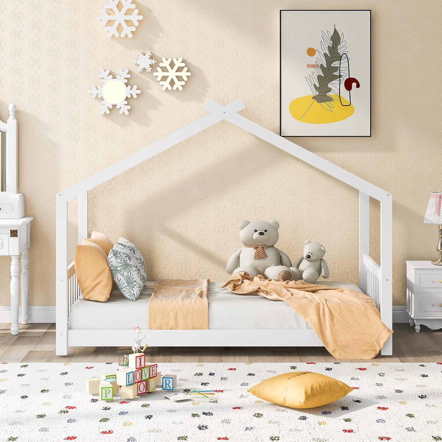 Harper & Bright Designs Twin House Bed for Kids, Floor Frame With Headboard and Footboard, Wooden Montessori Bed for Girls, Boys, White