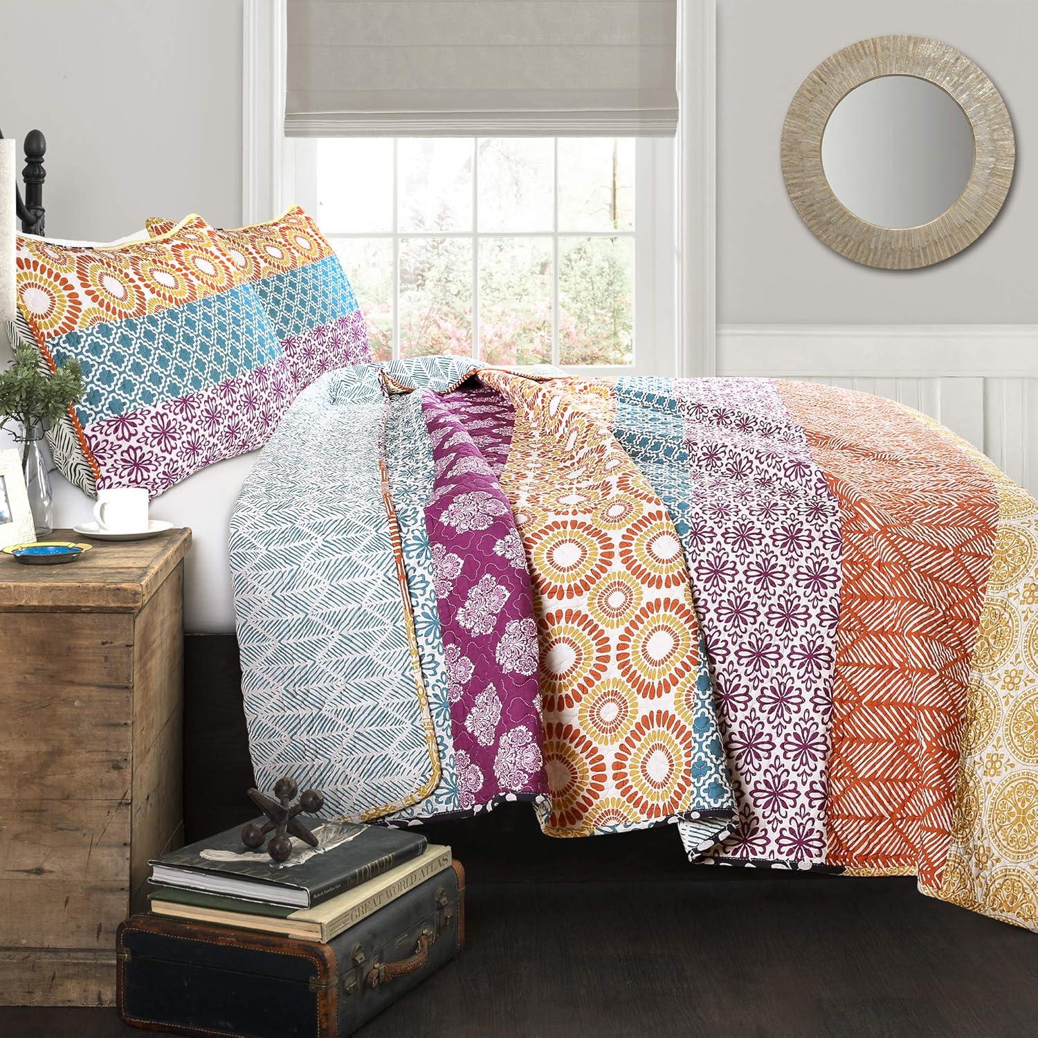 3pc Bohemian Stripe Reversible Oversized Cotton Quilt Bedding Set - Lush Décor