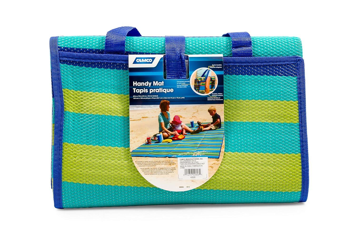 Camco 42806 Handy Mat 60" X 78" Outdoor Mat With Strap (Green/Turquoise)