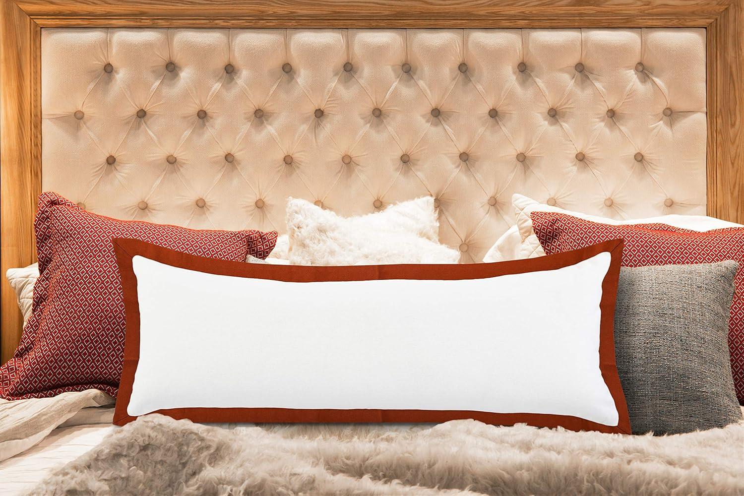 White and Cinnamon Rectangular Cotton Lumbar Pillow