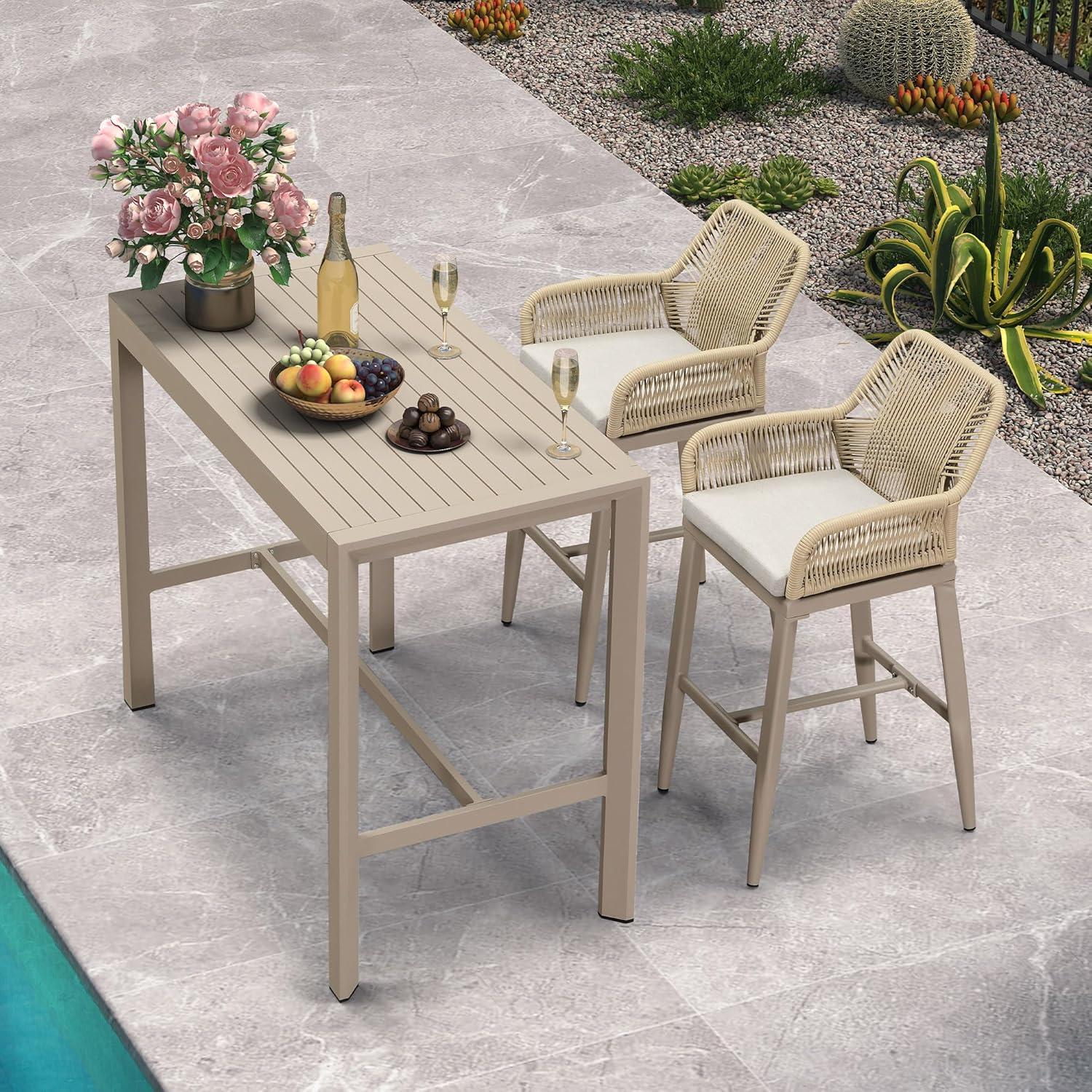 PURPLE LEAF Outdoor Wicker 29" Bar Stools Set of 2, Boho Patio Bar Height Chair with Cushion and Back for Outdoor and Indoor, Garden, Patio, Smoke Grey