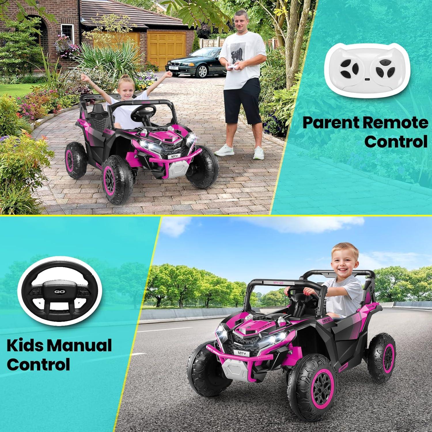 SUSIELADY 24V 2 Plazas Ride-On UTV para Niños, Coche Eléctrico con Control Remoto, Suspensión en las 4 Ruedas, Música, Almacenamiento, Camión de Juguetes Al Aire Libre para Niños Niñas a Partir de 3 Años, Rosa
