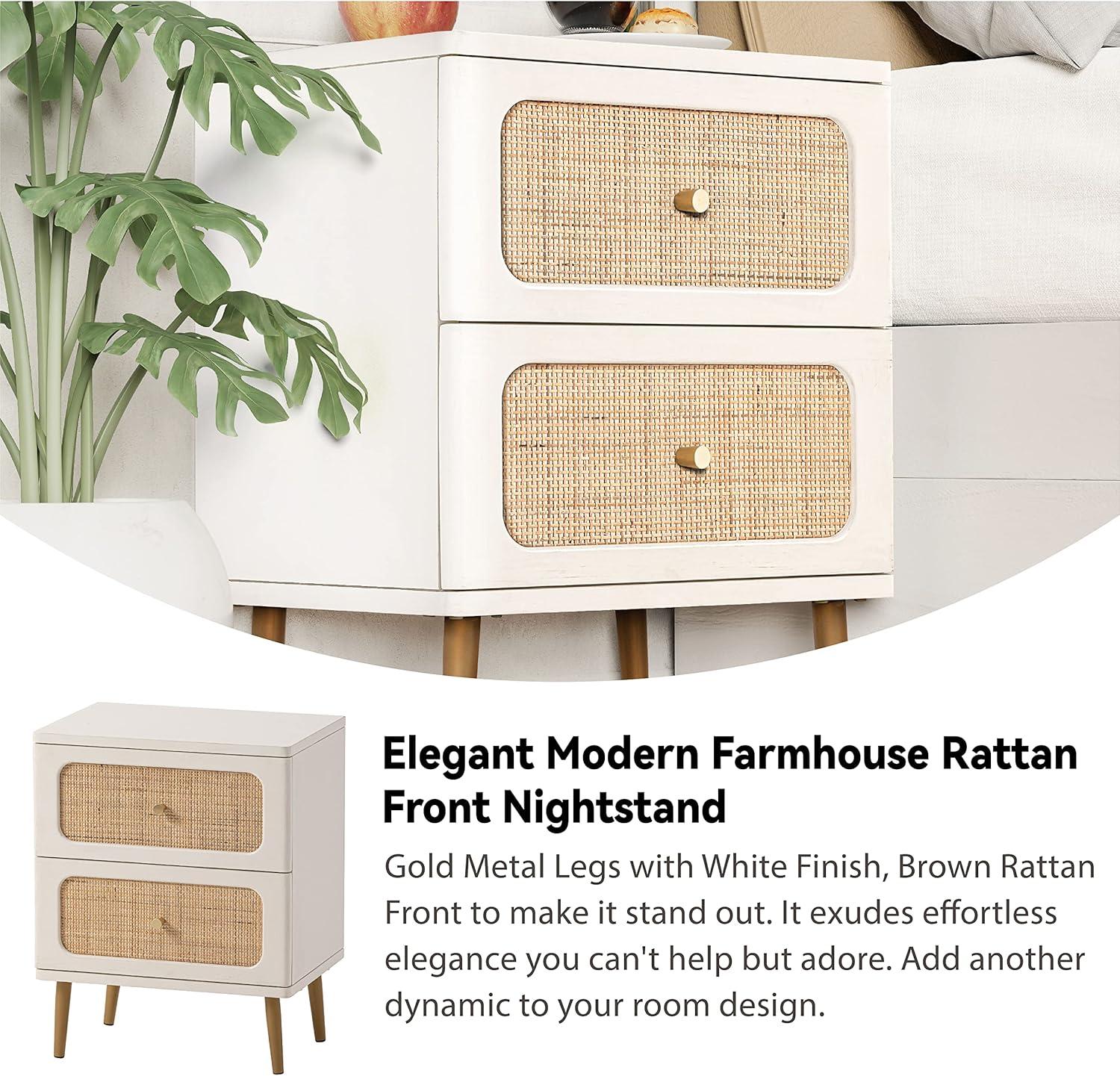 Wicker Rattan Nightstand, 2-Drawer End Table White Finish Side Table for Small Spaces, Modern Farmhouse Wooden Bedside Table, Boho Mid-Century Coastal Storage Cabinet