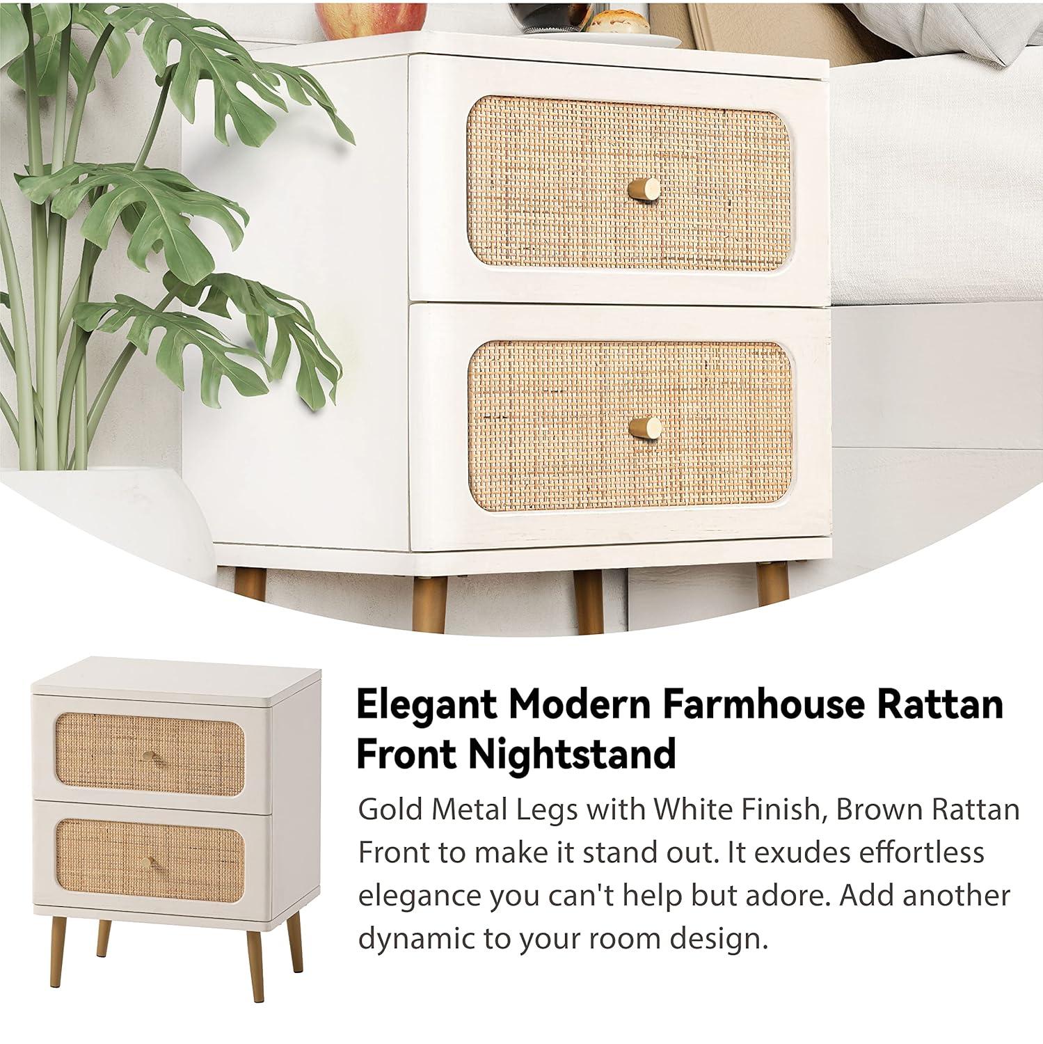 Wicker Rattan Nightstand, 2-Drawer End Table White Finish Side Table for Small Spaces, Modern Farmhouse Wooden Bedside Table, Boho Mid-Century Coastal Storage Cabinet