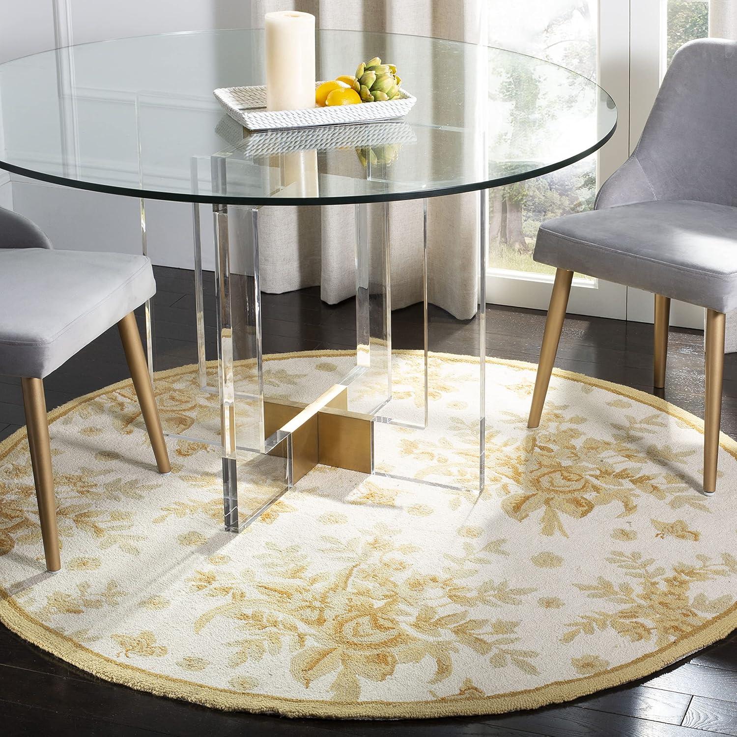 Ivory and Gold Floral Round Wool Area Rug, 3' x 3'