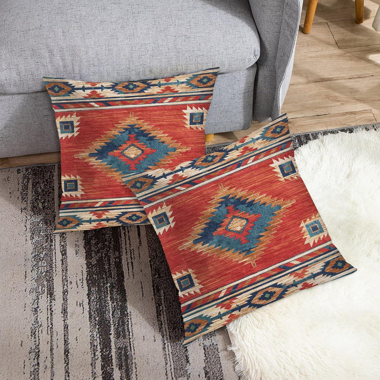 Geometric Red and Blue Polyester Throw Pillow Set