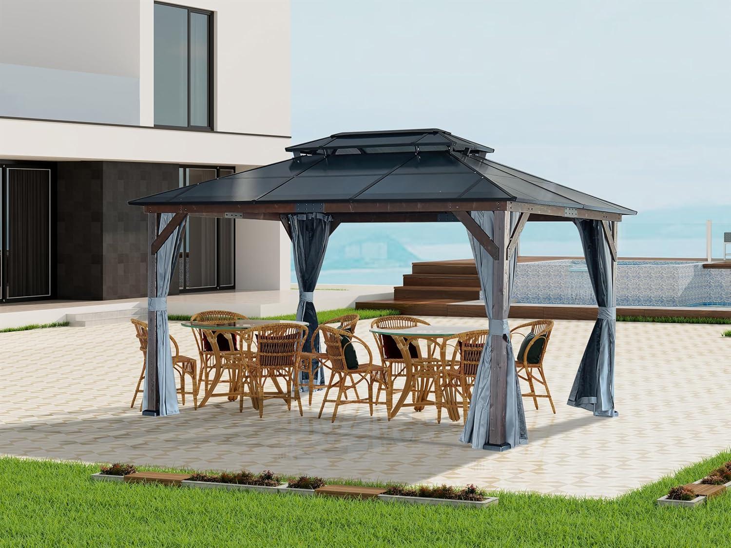 Large Brown and Black Solid Wood Gazebo with Polycarbonate Roof