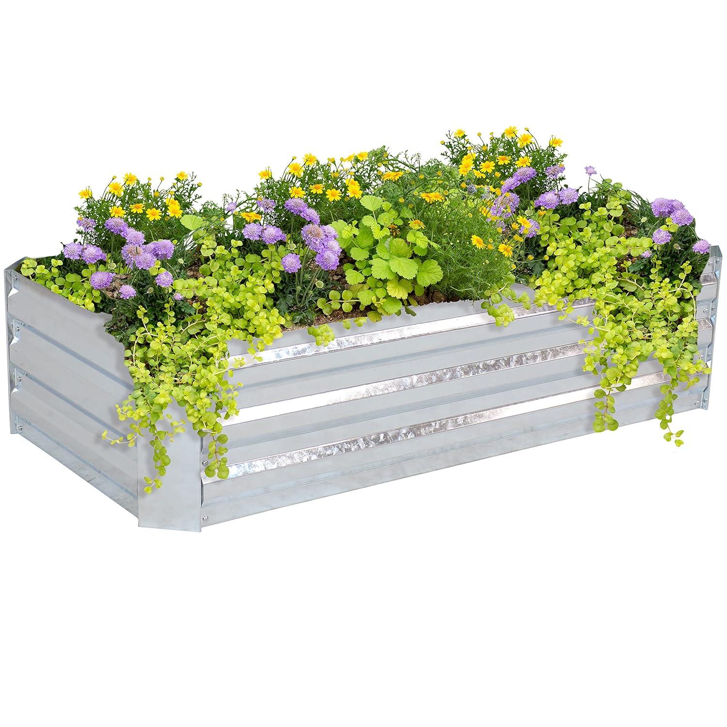 Sunnydaze Raised Corrugated Galvanized Steel Rectangle Garden Beds for Plants, Vegetables, and Flowers - 48" L x 11.75" H - Silver - 2pc