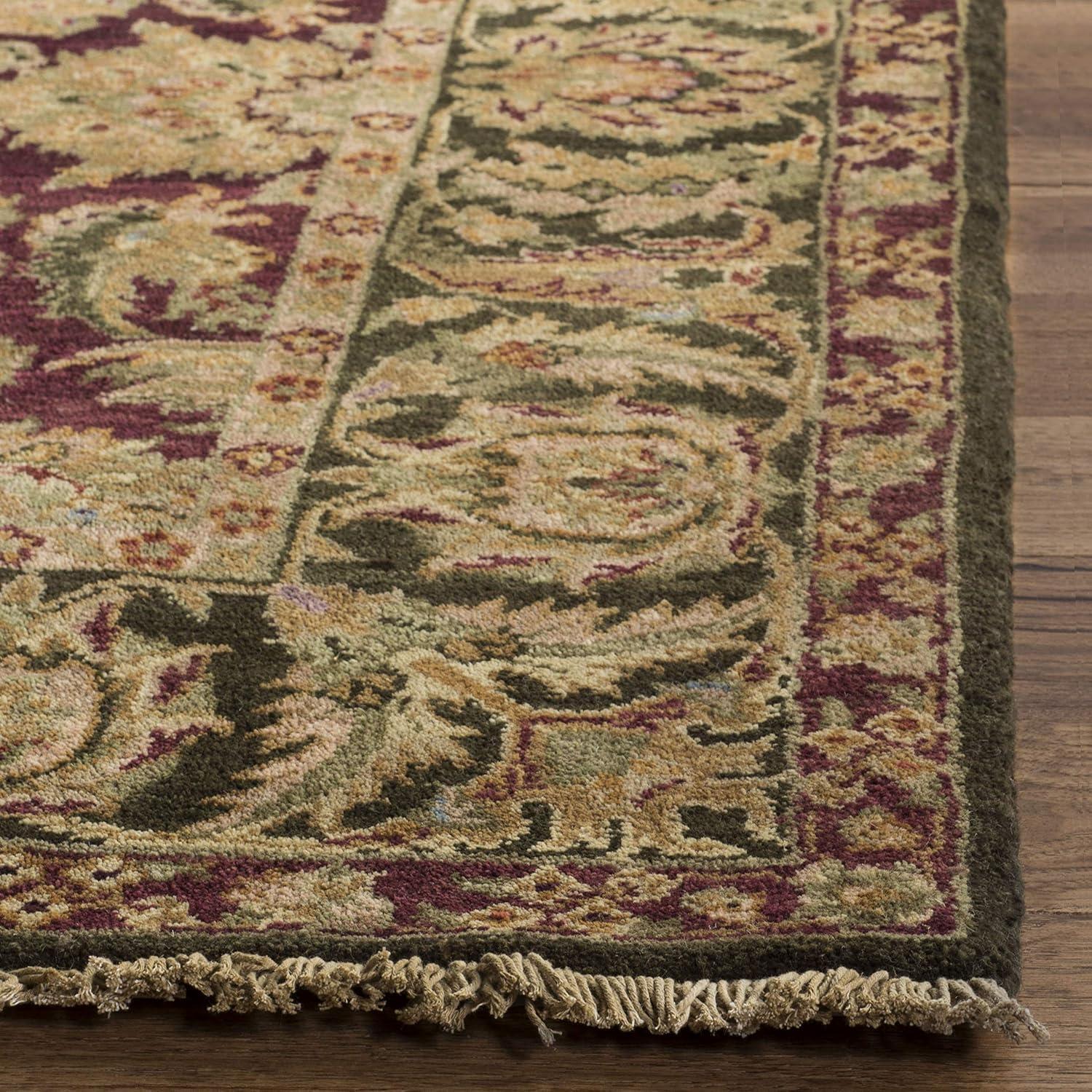 Burgundy and Green Hand-Knotted Wool 8' x 10' Area Rug