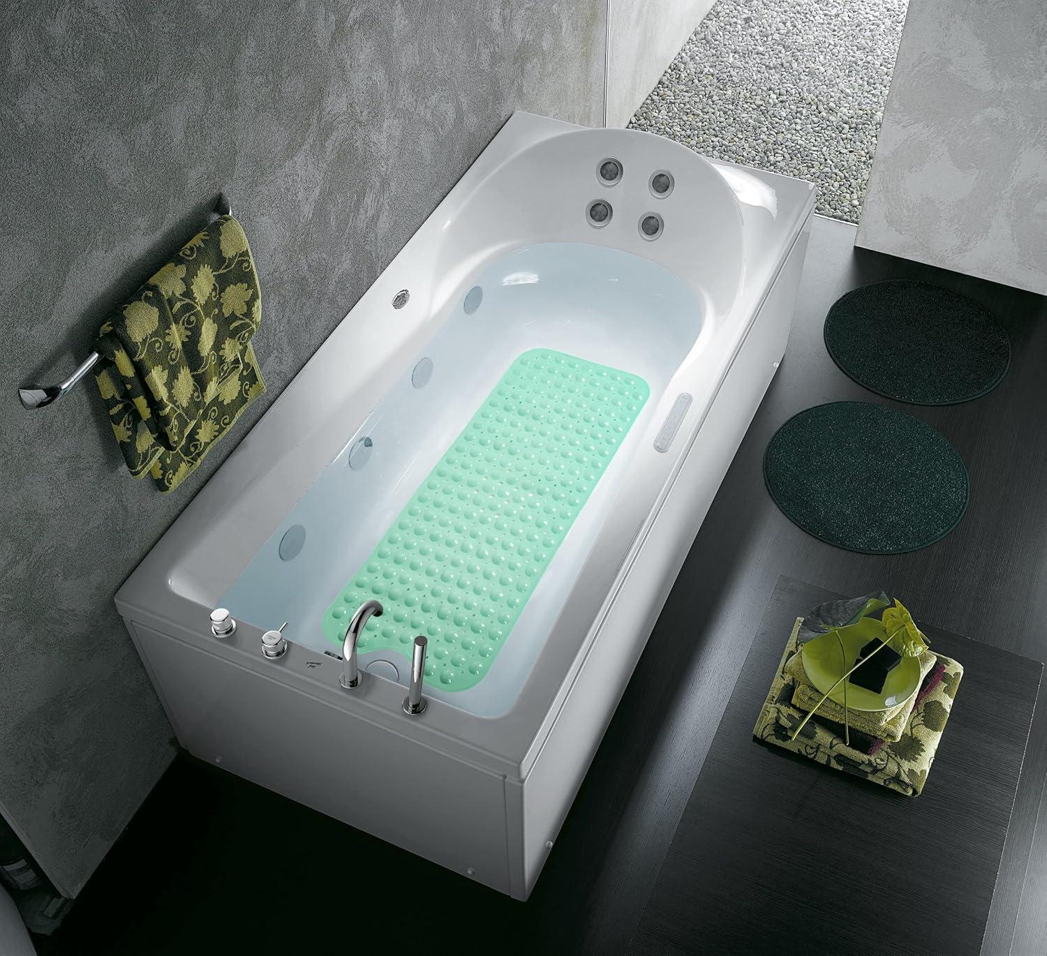 Bathtub and Shower Mats, Extra Long Non-Slip Bath Mat 39 x 16 Inch, Machine Washable Bath Tub Mat with Suction Cups & Drain Holes for Bathroom, Pale Green