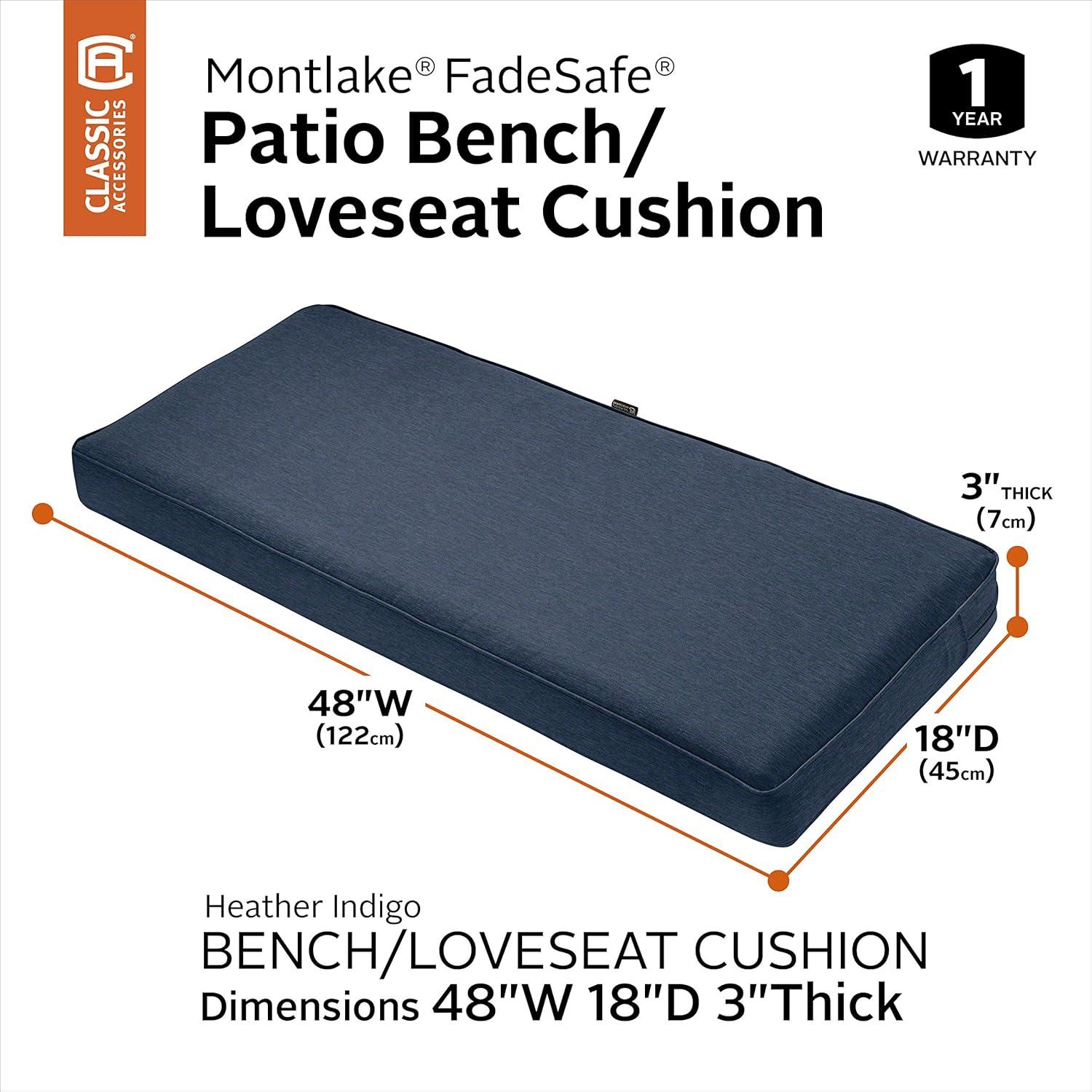 Classic Accessories Montlake Water-Resistant 48 x 18 x 3 Inch Outdoor Bench/Settee Cushion, Patio Furniture Swing Cushion, Heather Indigo Blue, Patio Loveseat Cushion