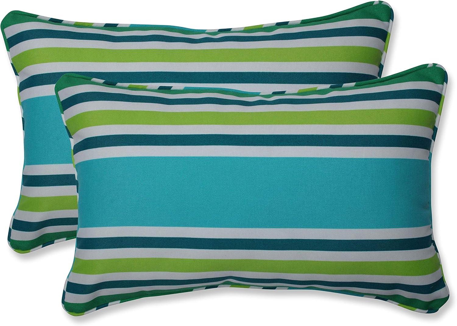 Turquoise and Green Striped Outdoor Lumbar Pillows, Set of 2