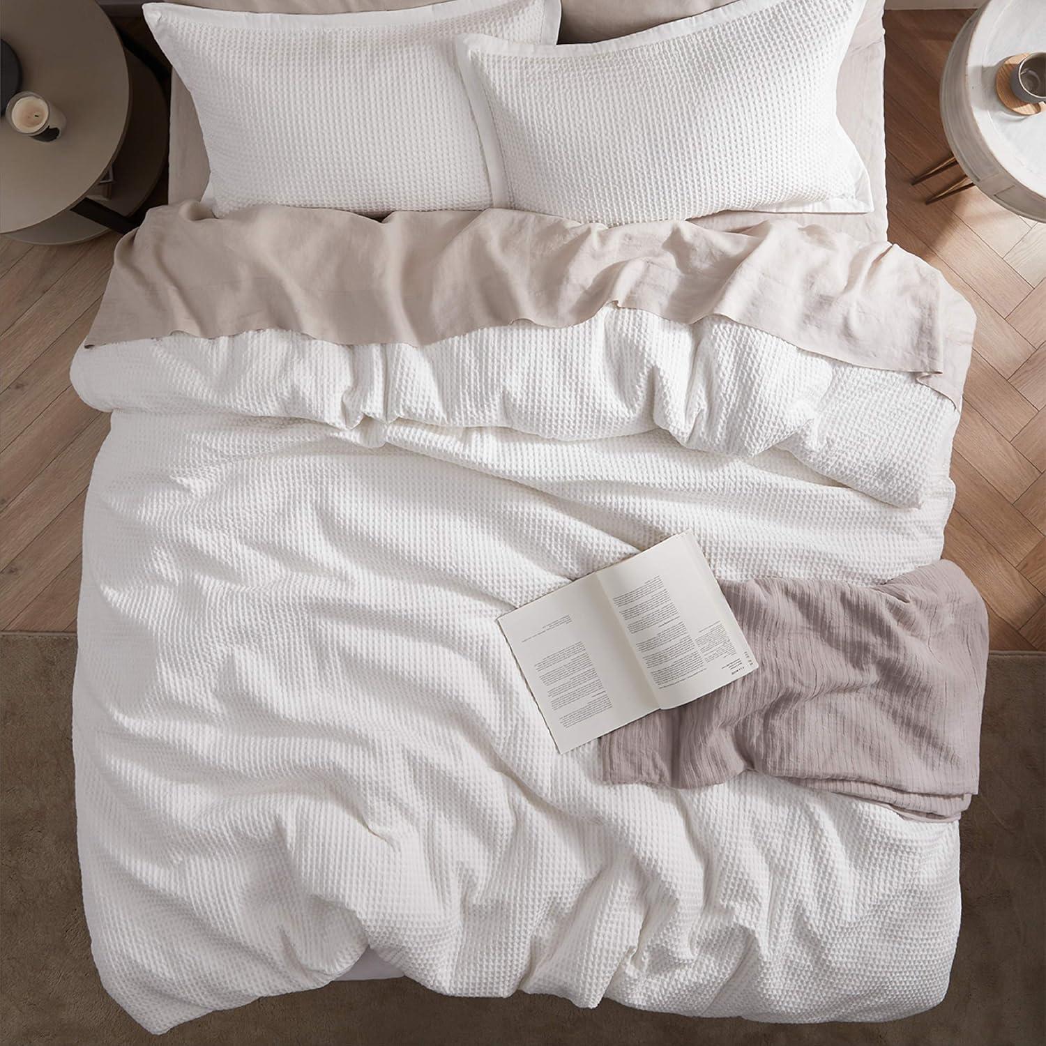 King Size White Cotton Waffle Weave Duvet Cover Set