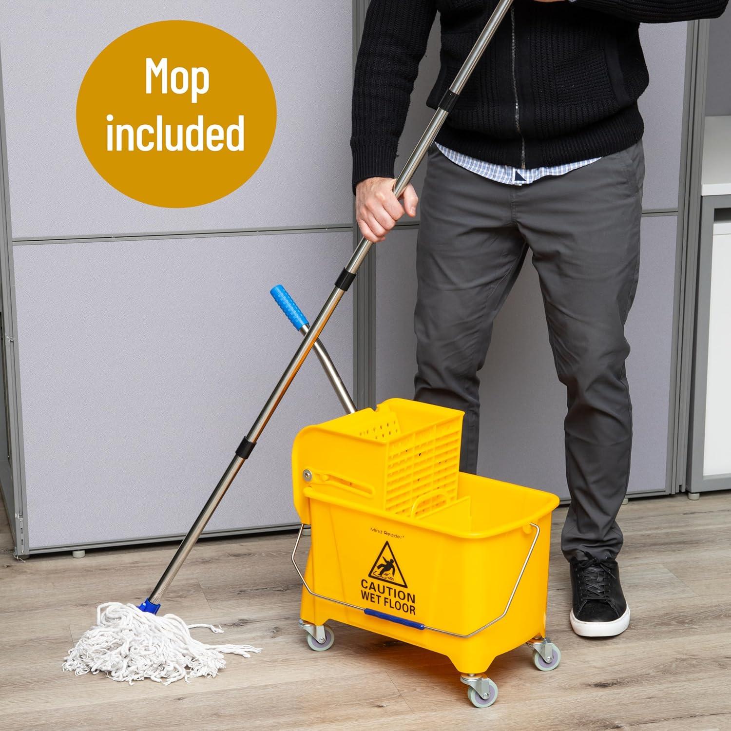 Mind Reader Bucket with Wringer and Mop Set, 22 Qt (5.5 Gallon), Floor Cleaning, Wheels, 16.25"L x 10.75"W x 24.5"H, Yellow