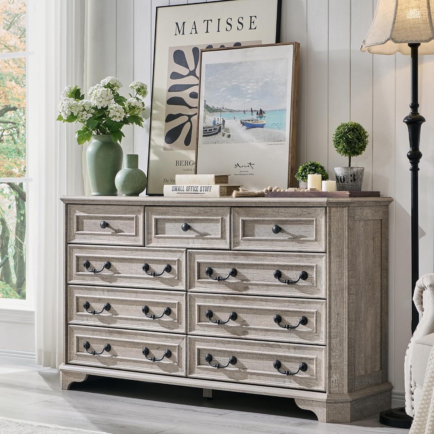Light Rustic Oak Farmhouse 9-Drawer Wood Dresser