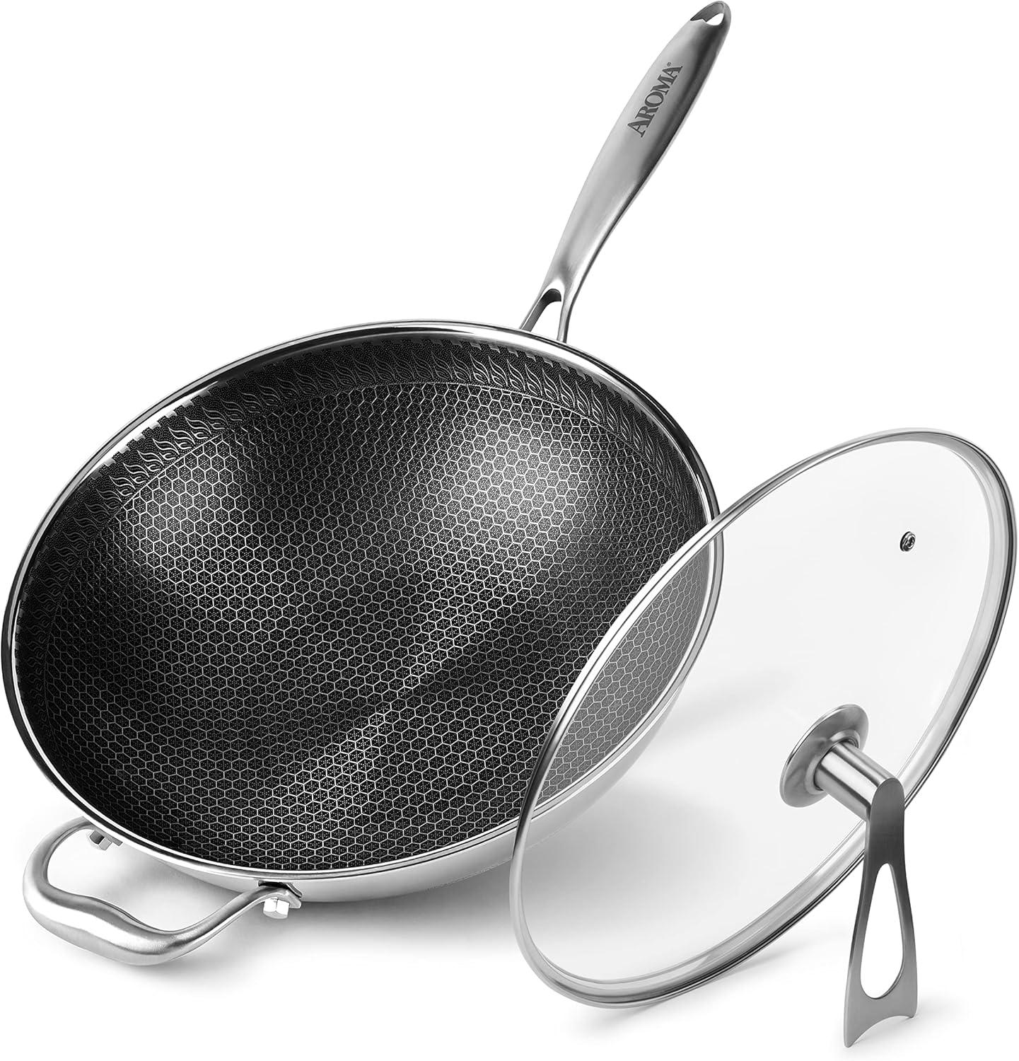 Aroma 12.5-Inch Stainless Steel Non-Stick Wok with Glass Lid