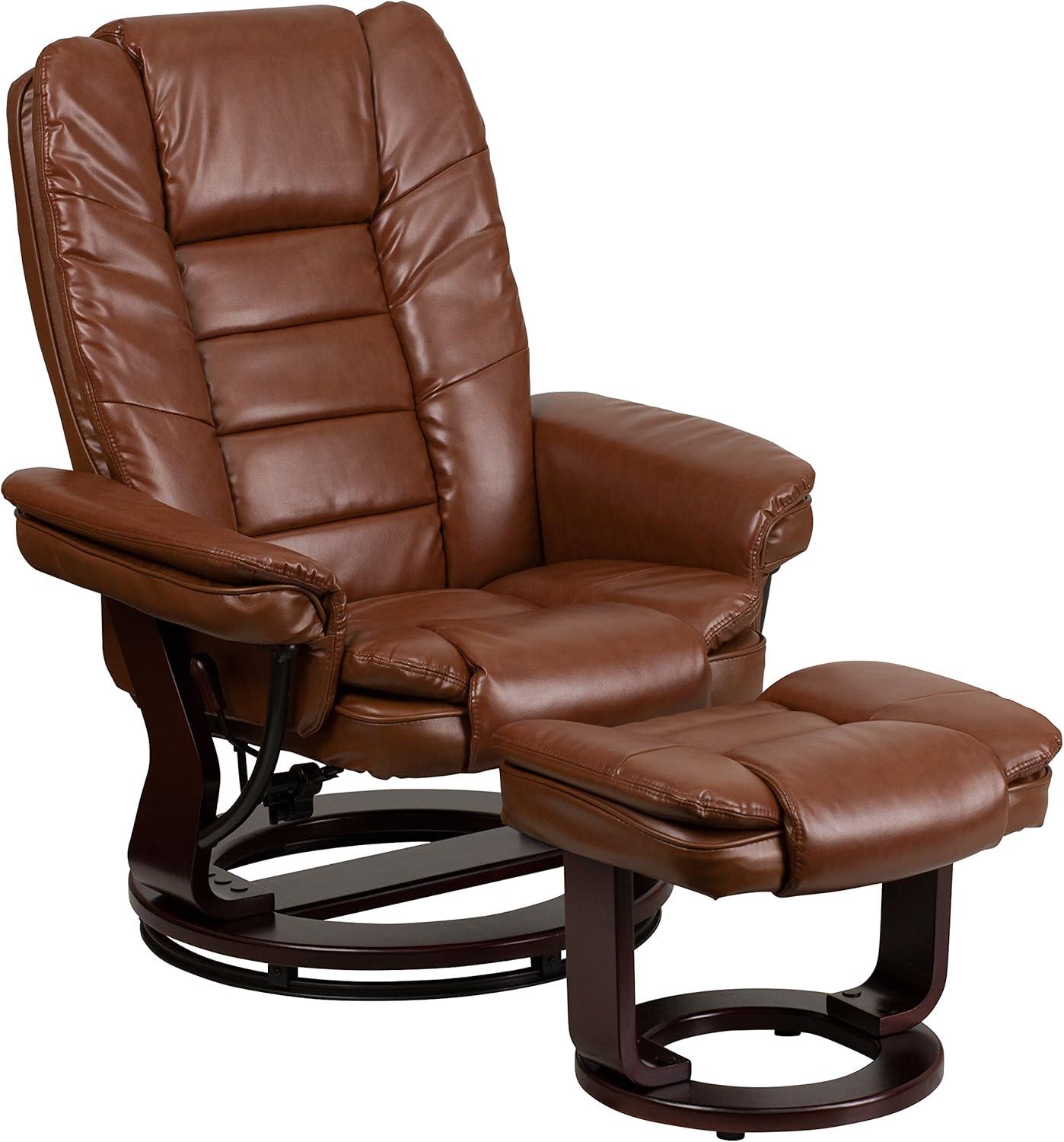 Brown Leather Swivel Recliner with Mahogany Wood Base