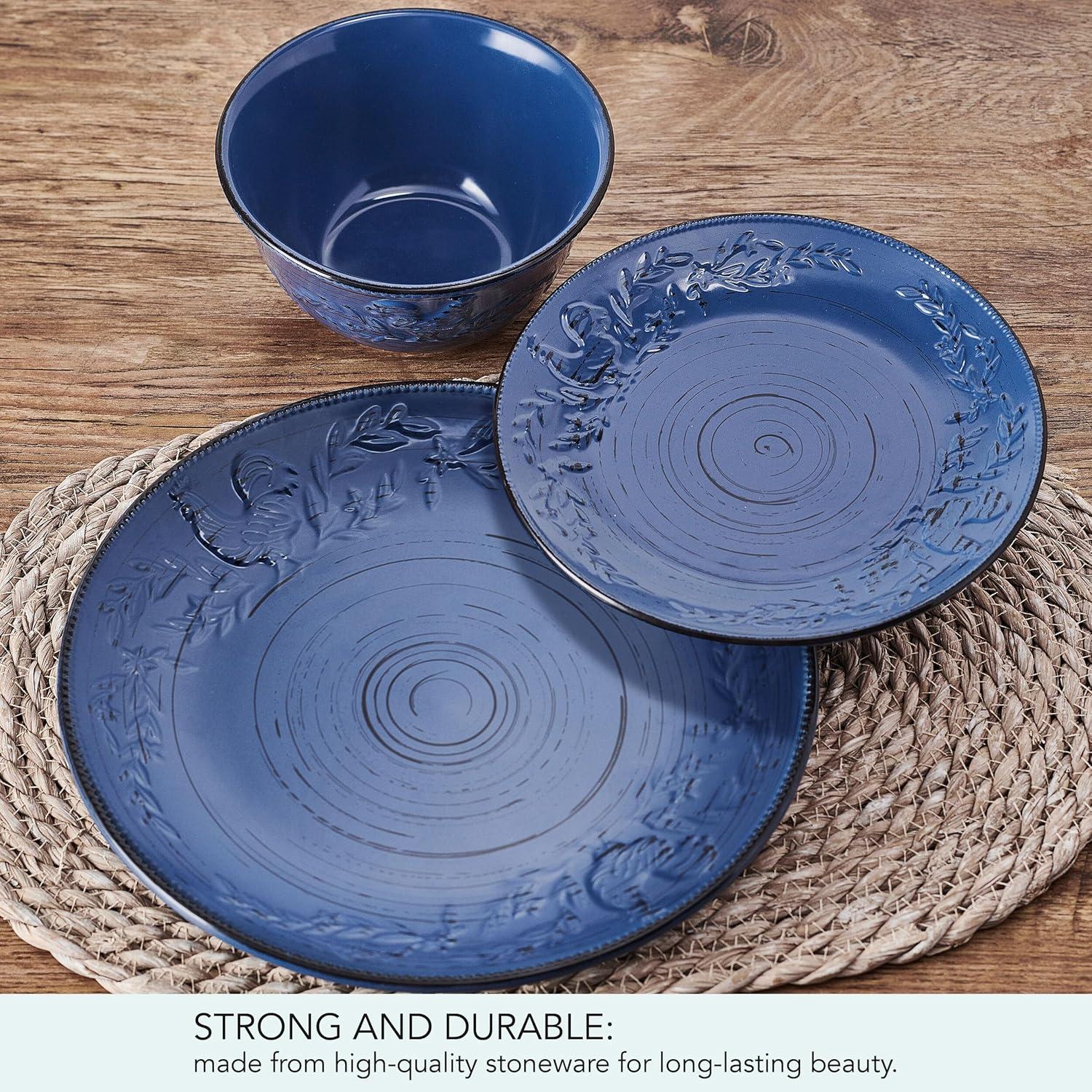 Pfaltzgraff Trellis 12 Piece Stoneware Dinnerware Set Rooster Blue