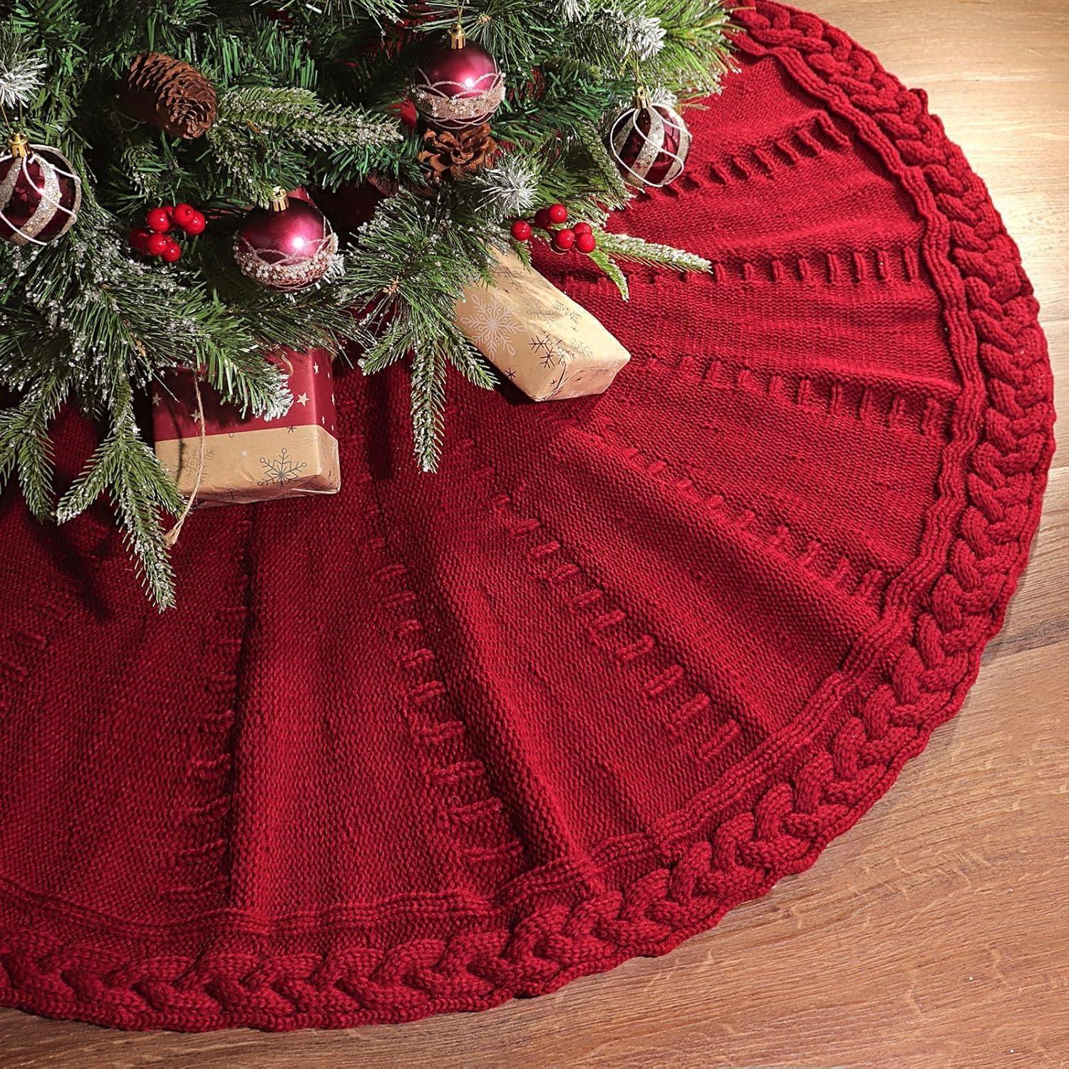 TETOU 48In Knitted Christmas Tree Skirt, Wine Red Tree Skirt, Braided Cable Knit Thick Rustic Christmas Tree Decorations, Farmhouse Christmas Decor Xmas Holiday Home Party Decorations