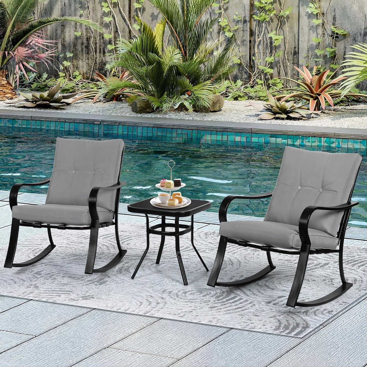 Crownland Outdoor Rocking Chairs Patio Furniture 3 Piece Patio Set Bistro Table Set Black Iron with Thickened Cushions and Glass Coffee Table, Grey
