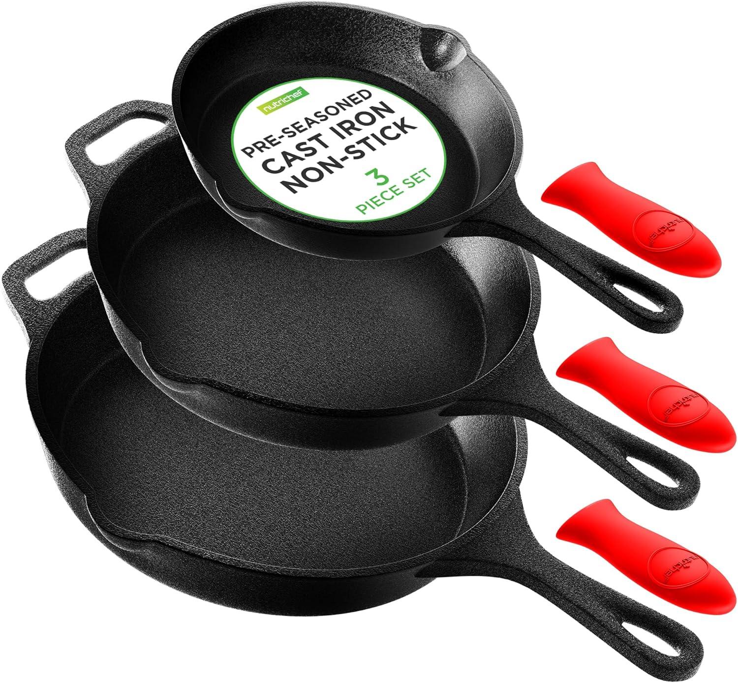 NutriChef 3-Piece Black Cast Iron Skillet Set with Red Silicone Handles