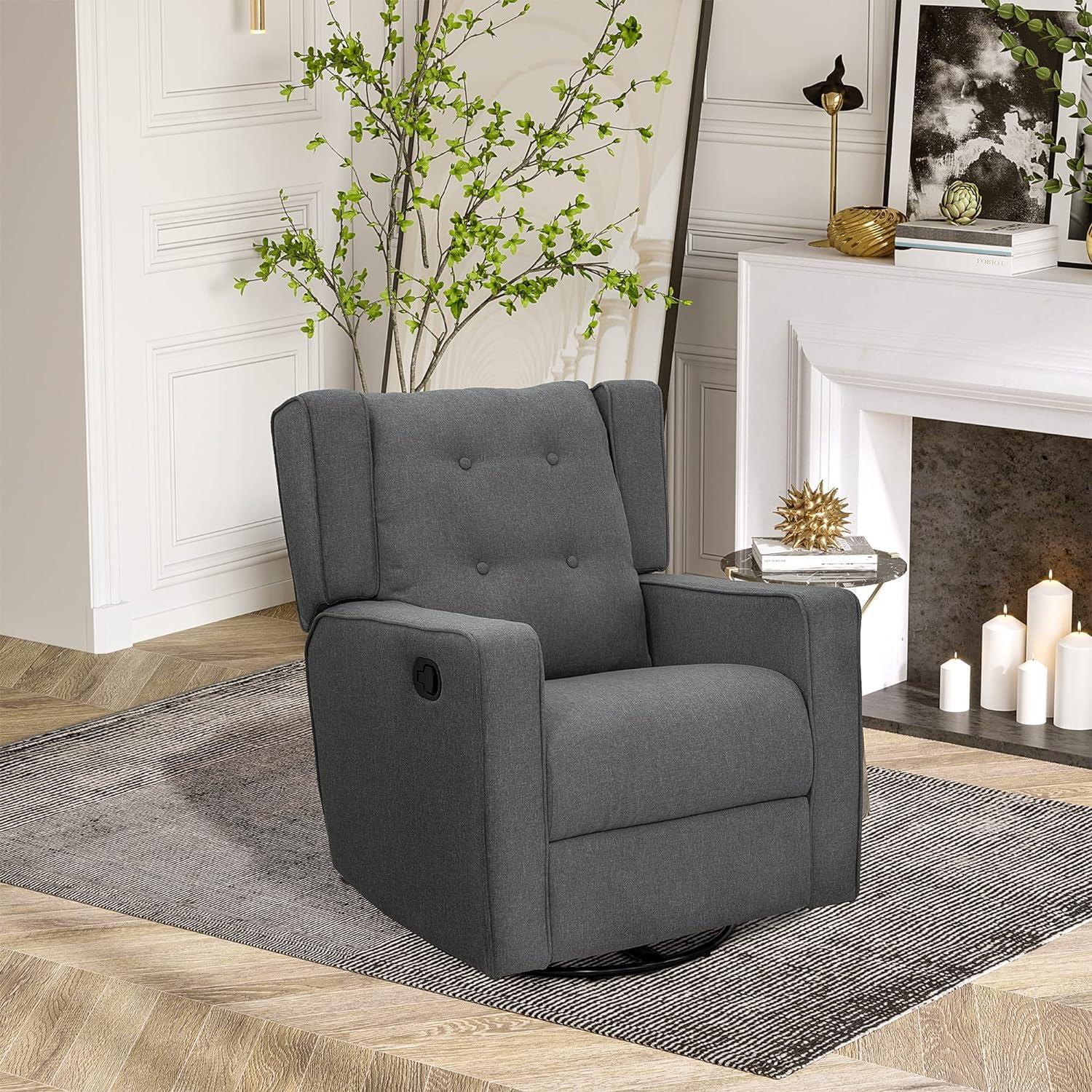 Modern Chic Gray Linen Swivel Recliner with Button Tufted Back