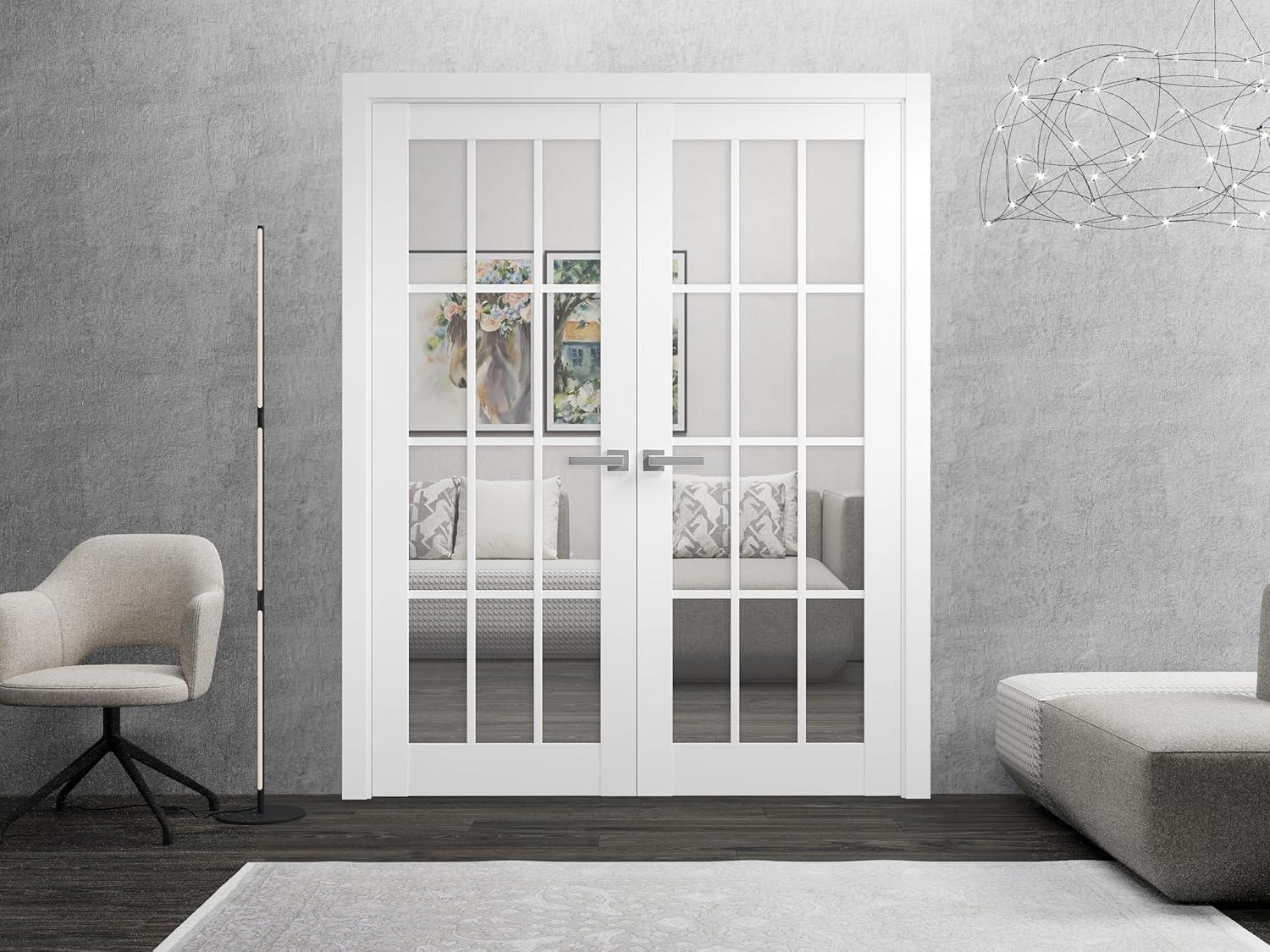 White Solid Pine French Double Doors with Clear Glass Panels, 72" x 80"