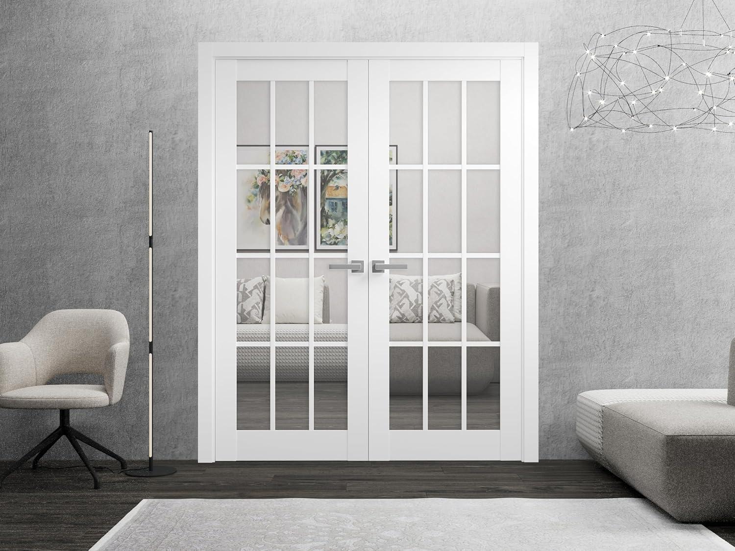 SARTODOORS Felicia Clear Glass French White Doors with Installation Hardware Kit