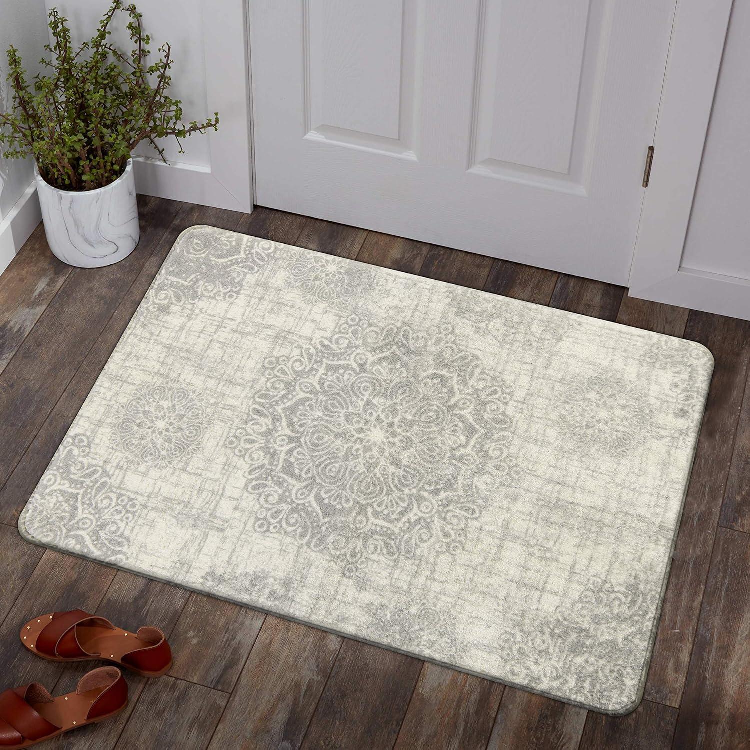 Vintage Medallion Entryway Rug - 2x3 Non Slip Washable Kitchen Rugs Small Area Rug Door Mat Indoor Entrance, Throw Ultra-Thin Rugs for Bathroom Laundry Room Bedroom Decor (2‘ X 3‘, Gray)