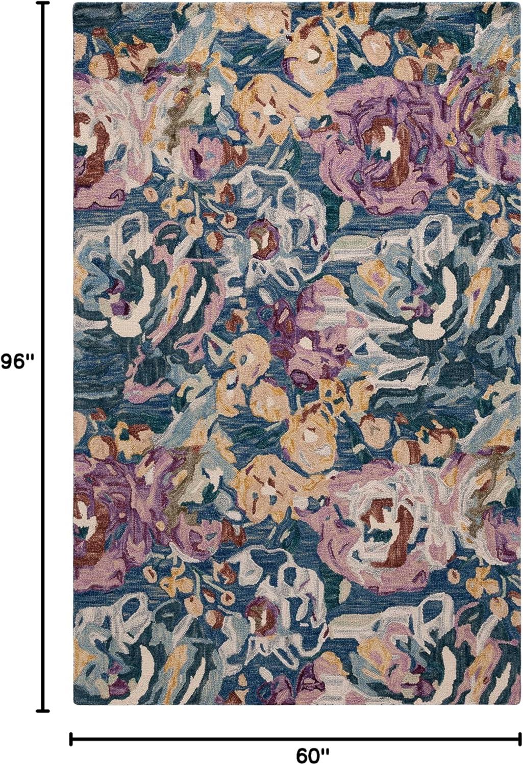 Handmade Light Blue and Plum Floral Wool Area Rug, 5' x 8'