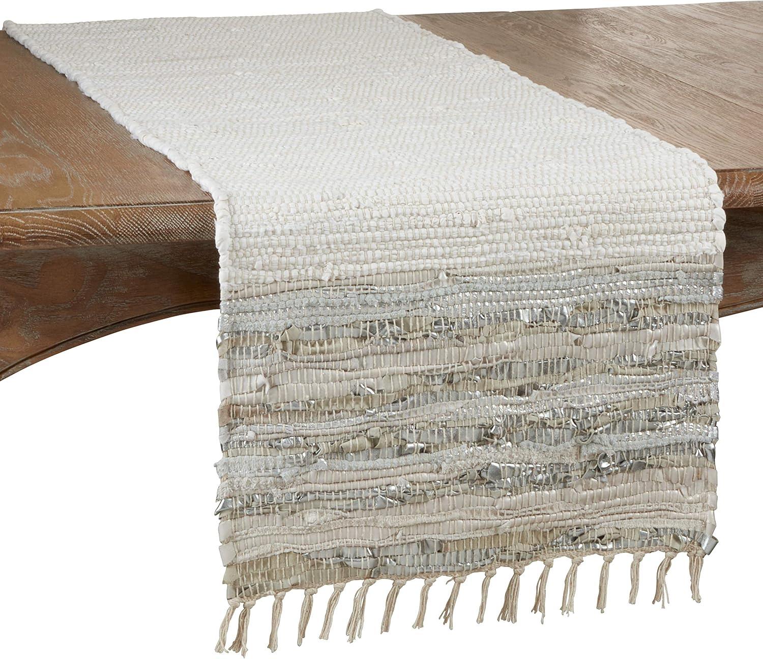 White and Silver Cotton Leather Chindi Table Runner with Tassels