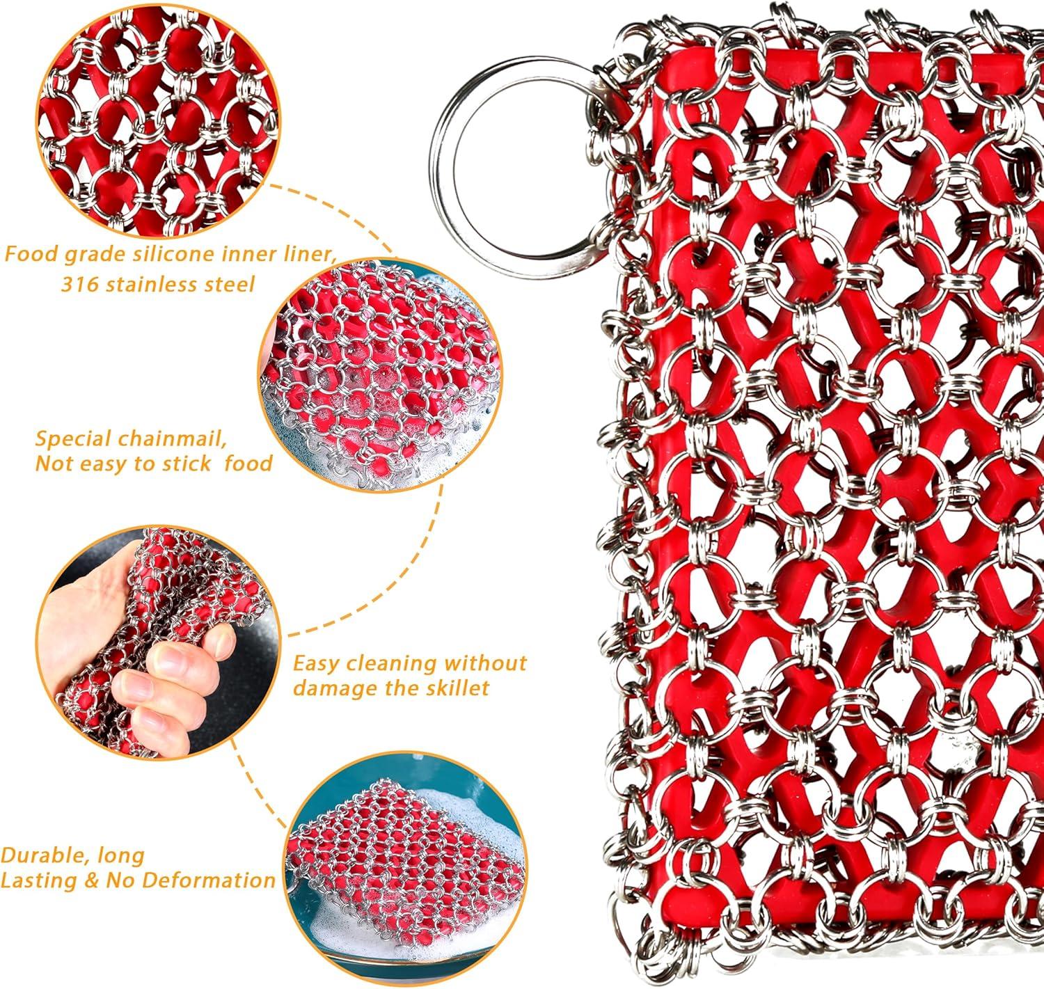 Red Silicone and Stainless Steel Chainmail Cast Iron Scrubber