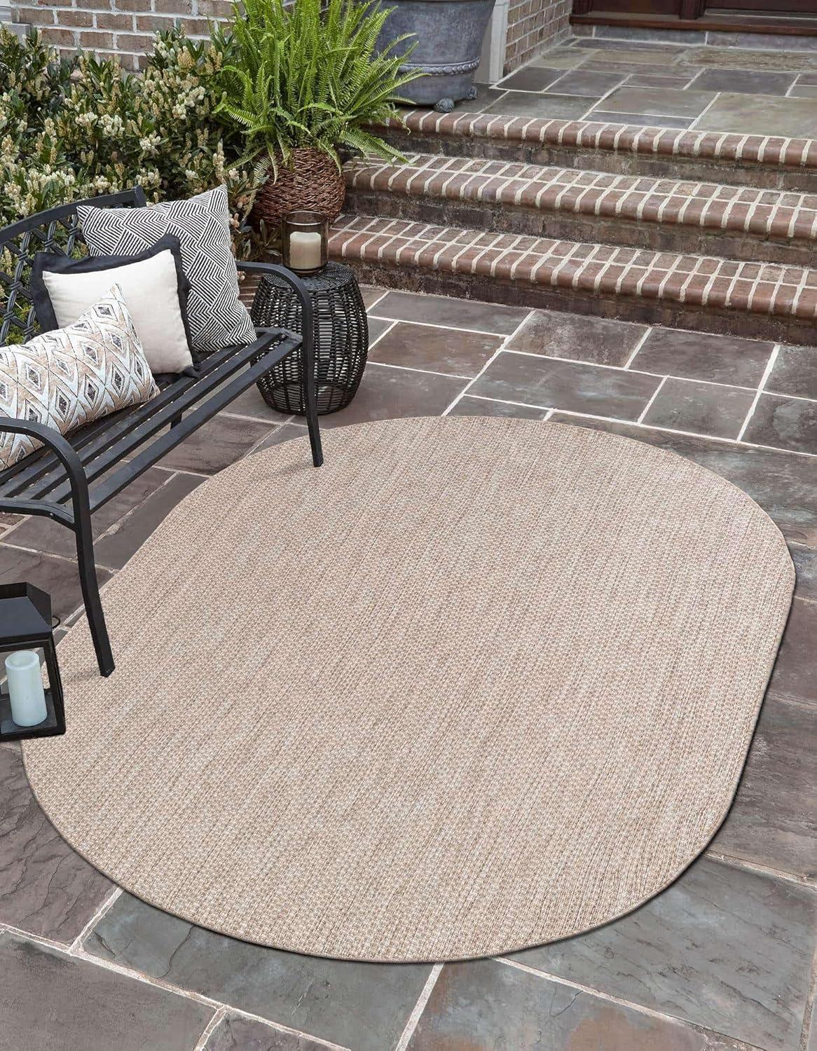 Beige Oval Synthetic Outdoor Stain-Resistant Area Rug