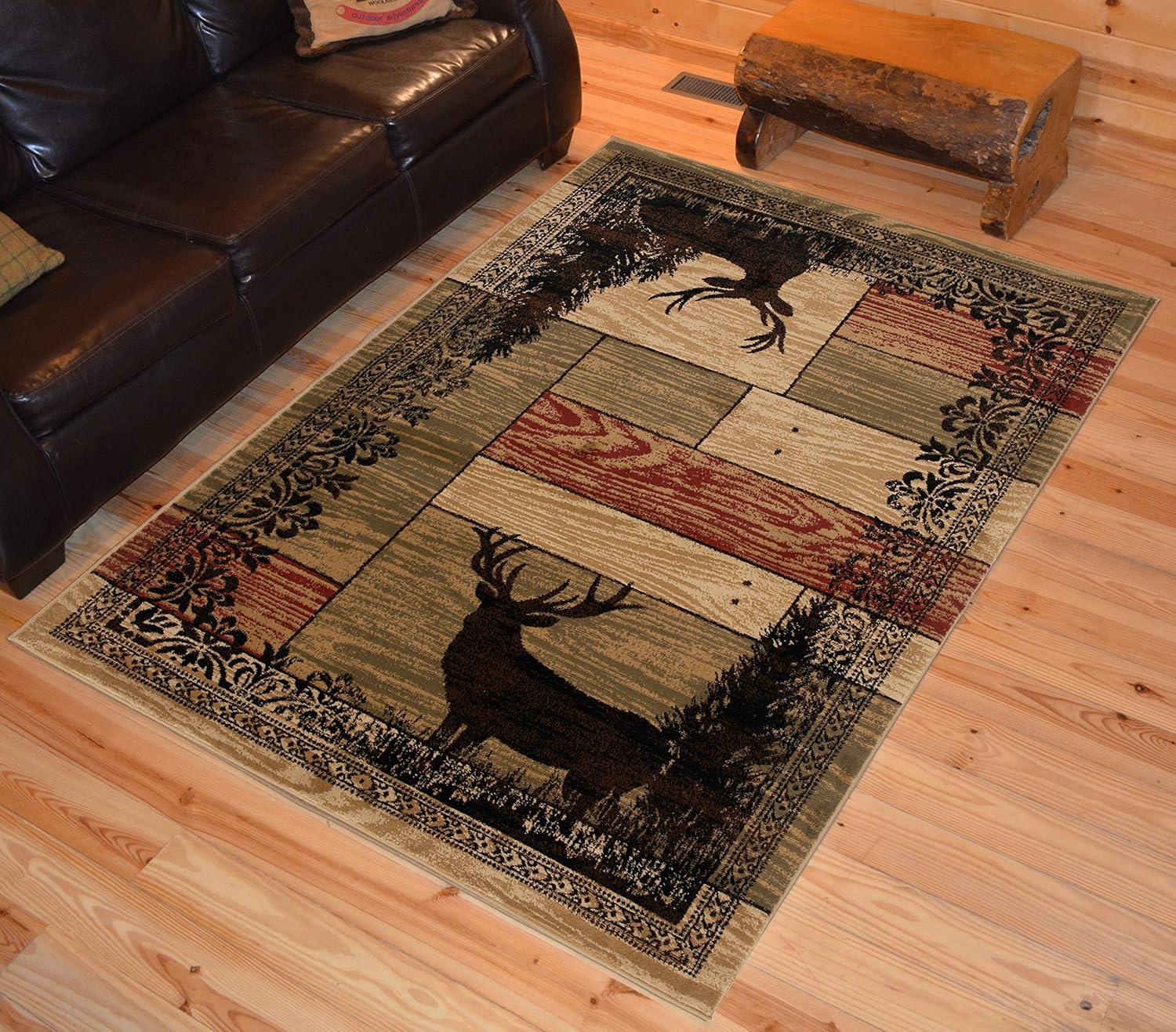 Rustic Multicolor Synthetic Woodgrain Elk Area Rug 2' x 3'