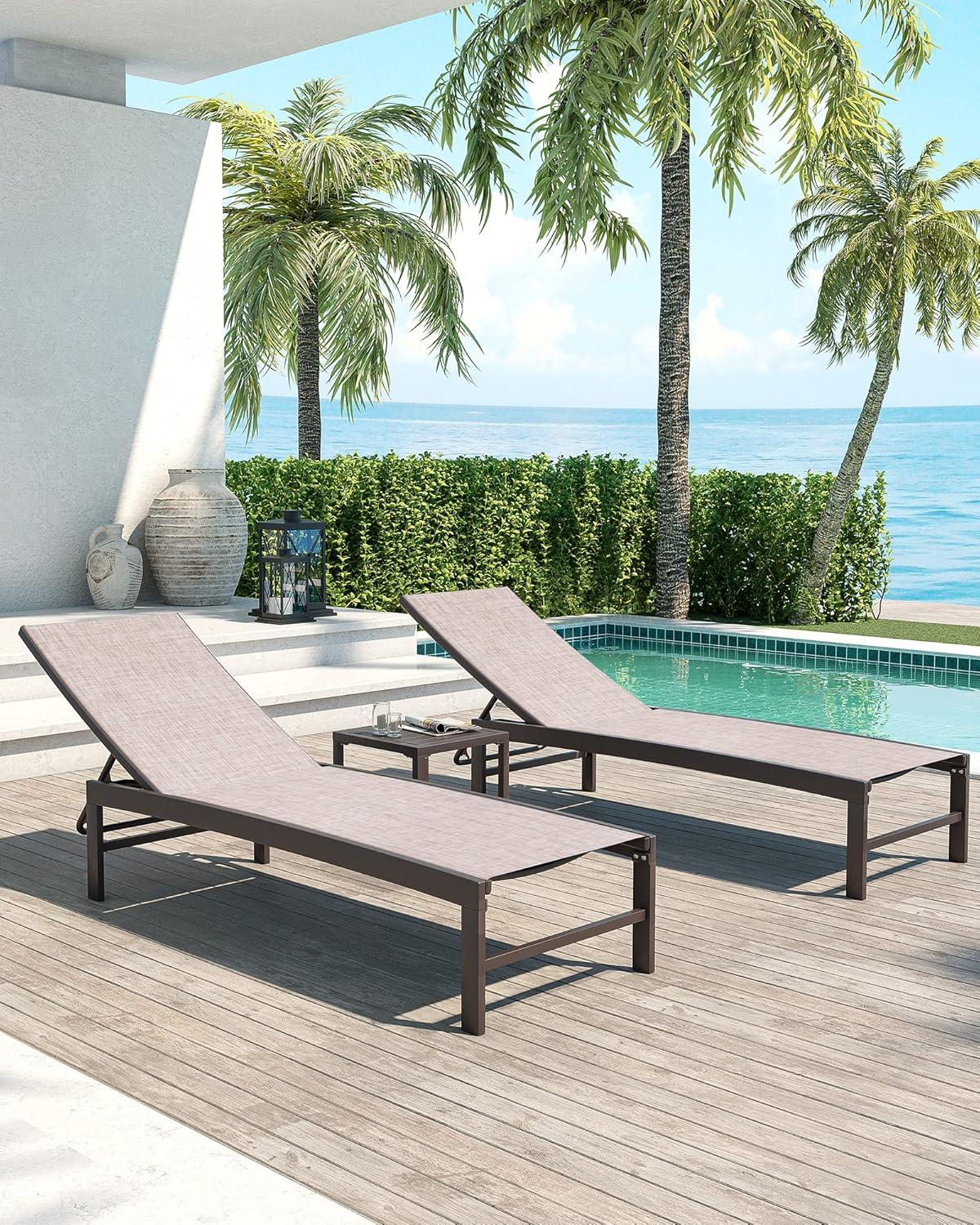 3pc Outdoor Five Position Adjustable Curved Aluminum Lounge Set Brown - Crestlive Products: Weather-Resistant Patio Furniture Set with Side Table